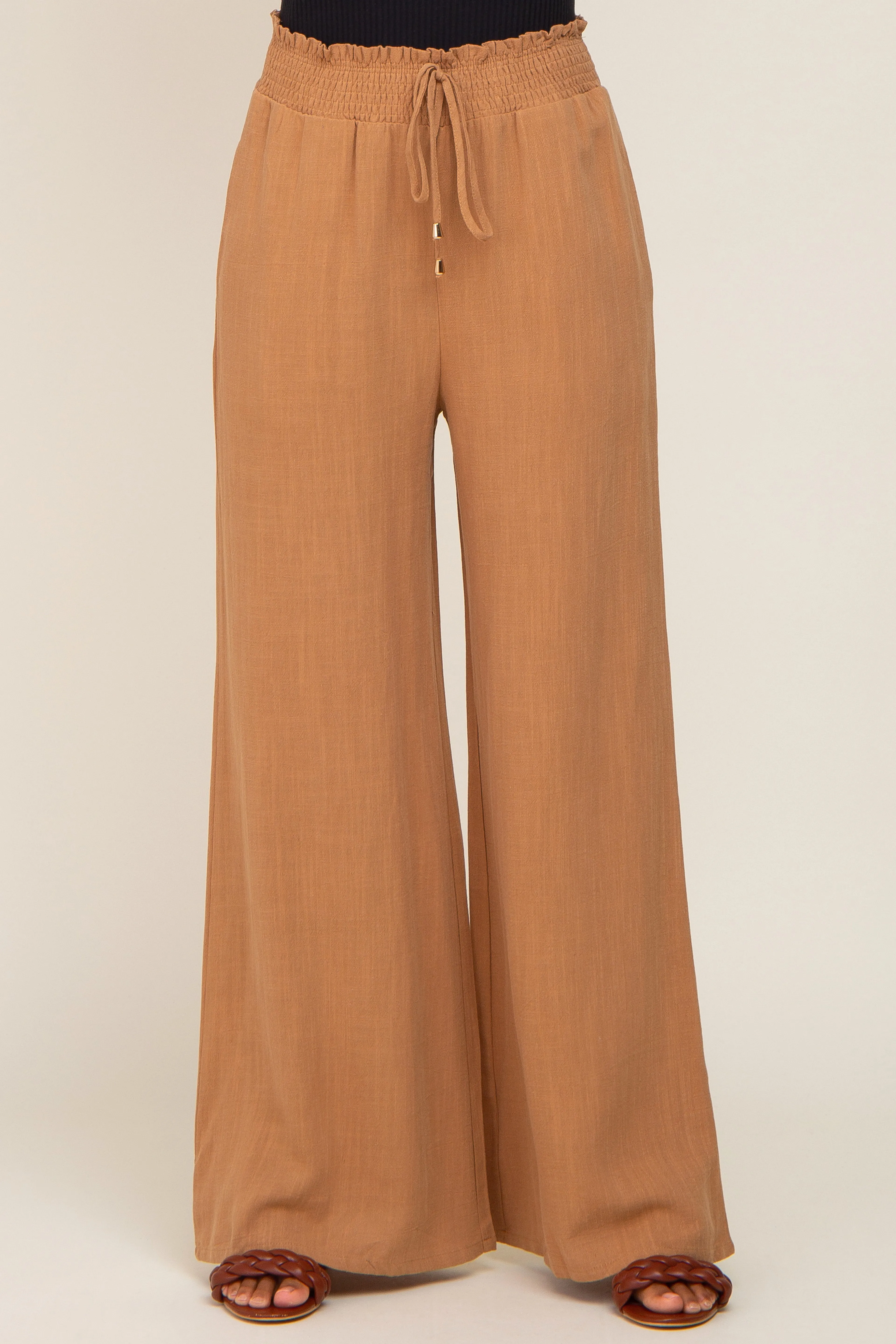 Camel Smocked Waist Wide Leg Linen Pants sold by Pinkblush product image thumbnail 2