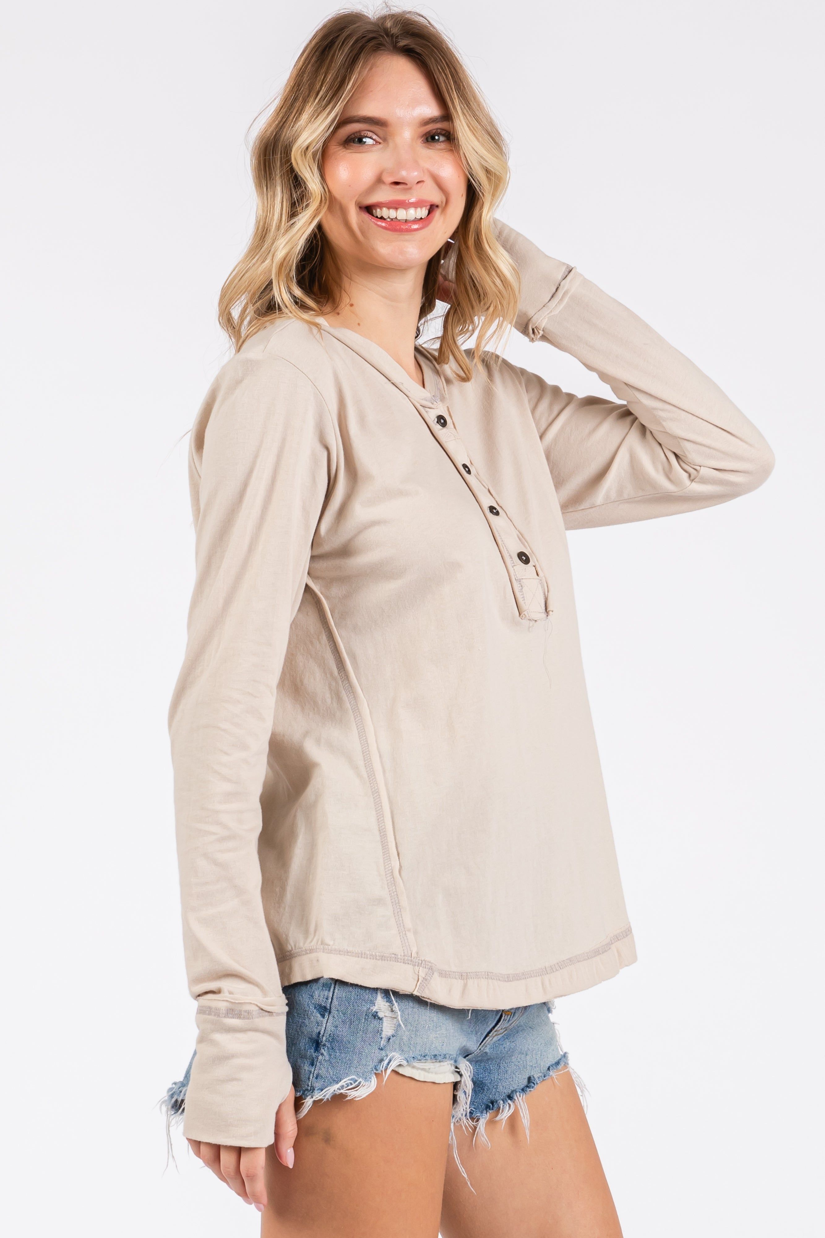 Beige Long Sleeve Exposed Seam Top sold by Pinkblush product image thumbnail 2