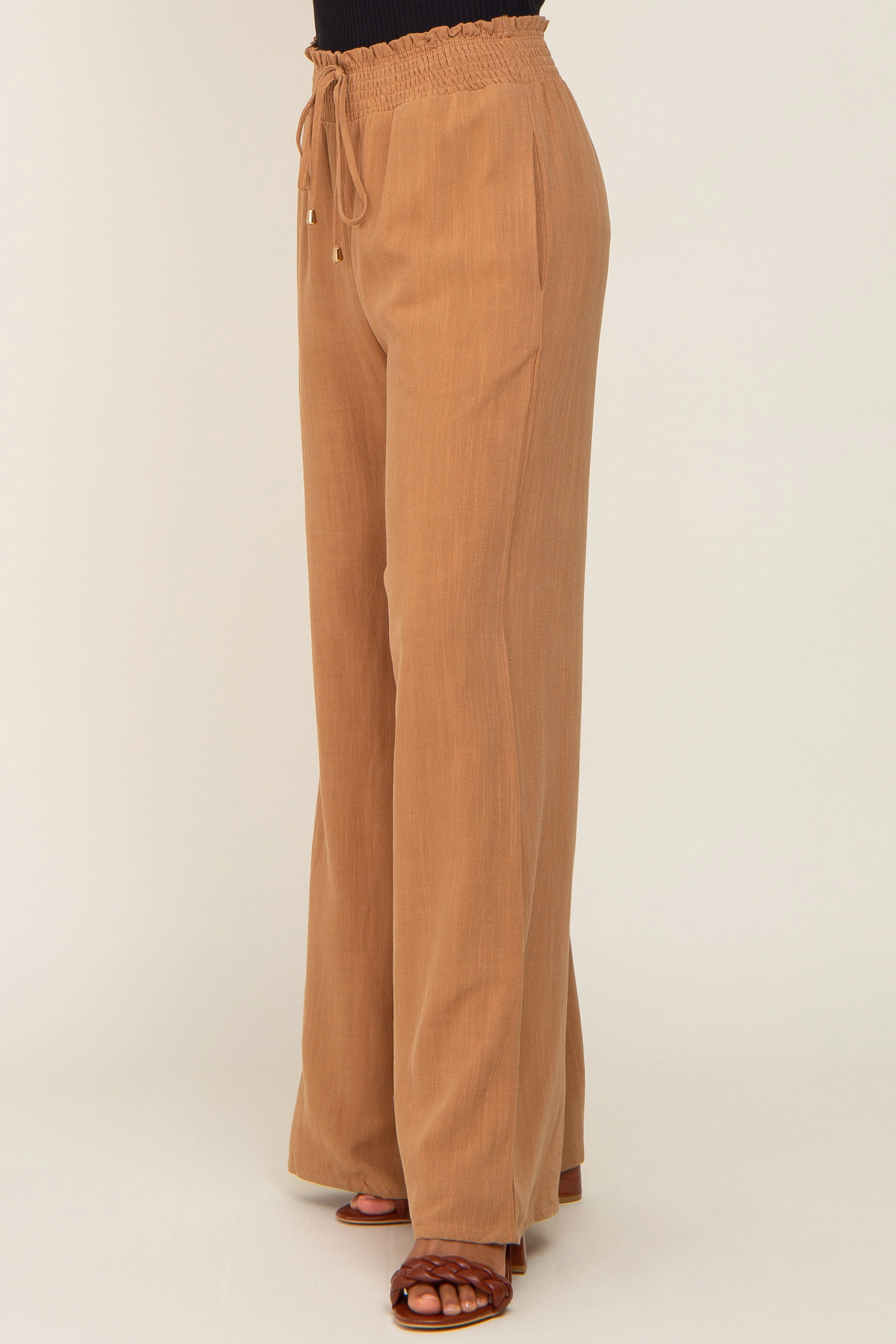 Camel Smocked Waist Wide Leg Linen Pants sold by Pinkblush product image thumbnail 3