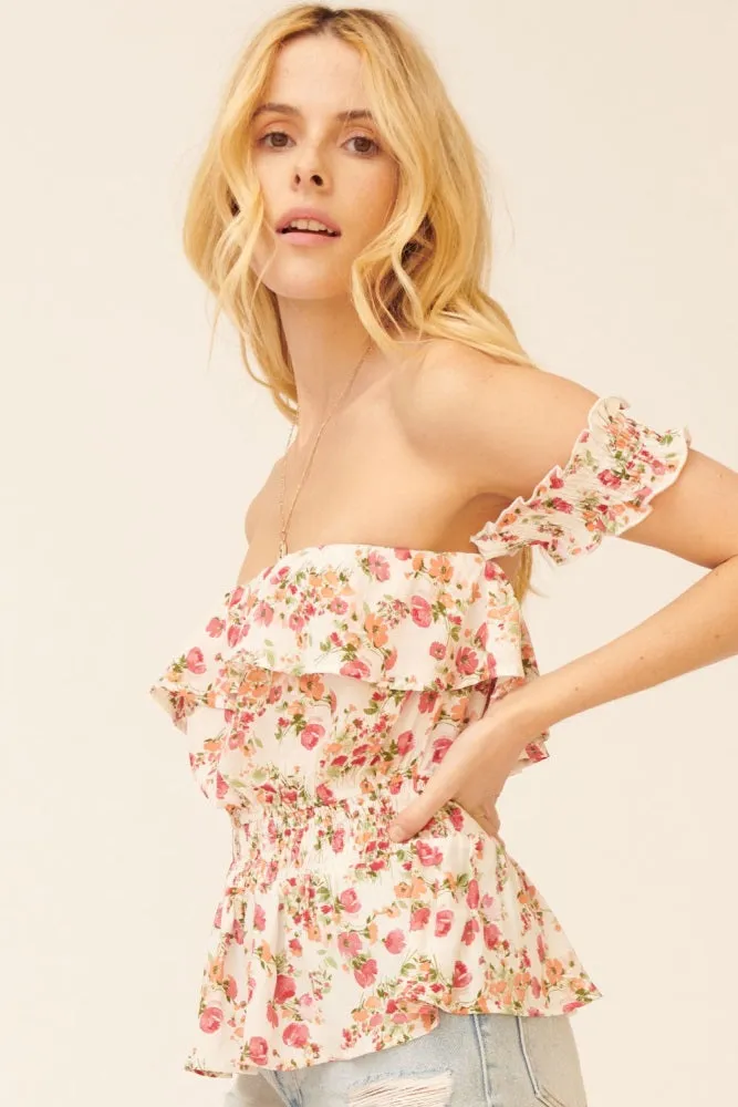 Cream Floral Off-Shoulder Ruffle Flounce Peplum Top sold by Pinkblush product image thumbnail 2
