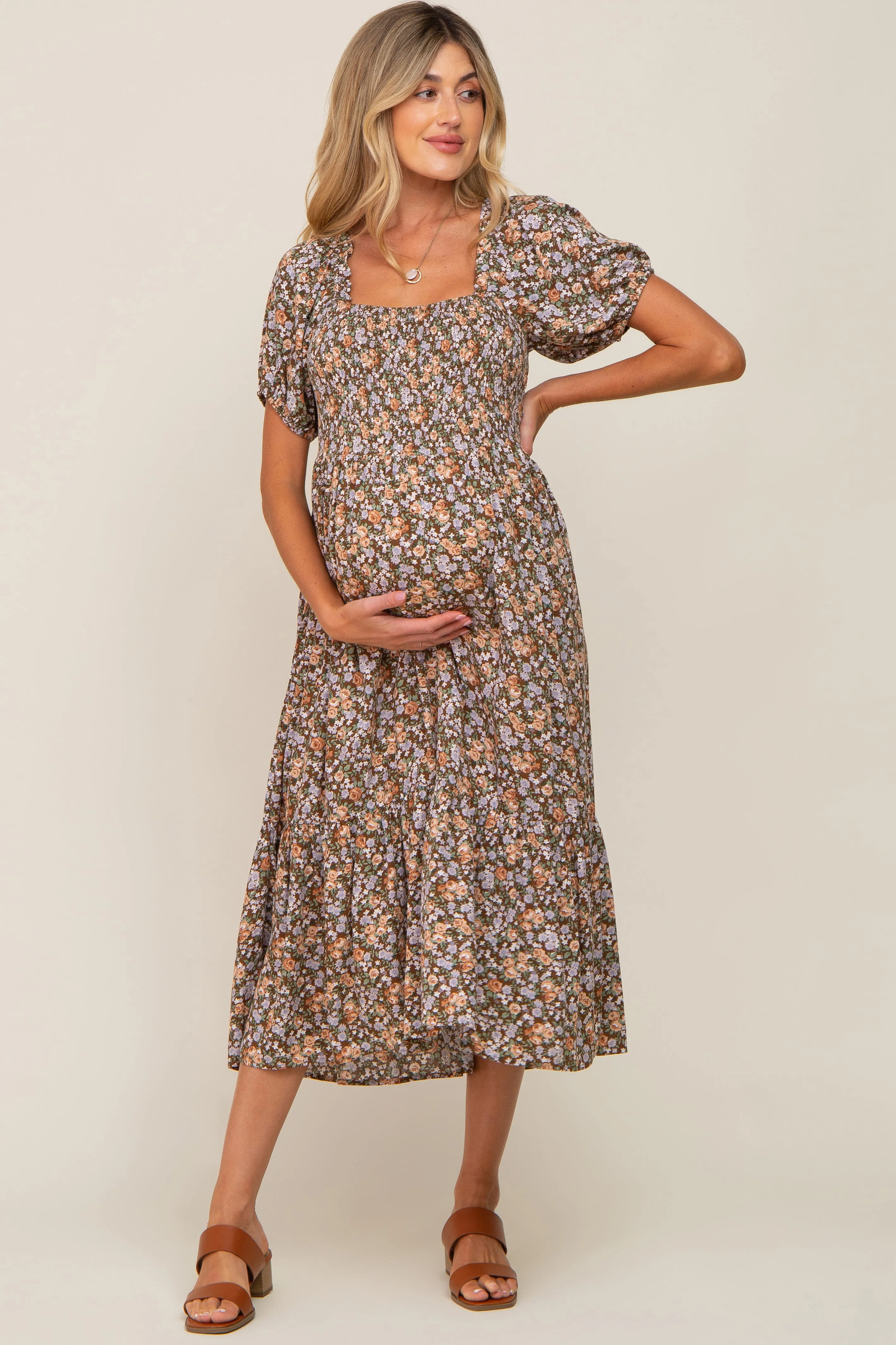 Mocha Floral Smocked Puff Sleeve Maternity Midi Dress sold by Pinkblush