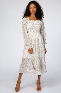 Ivory Floral Smocked Front Ruffle Hem Midi Dress sold by Pinkblush