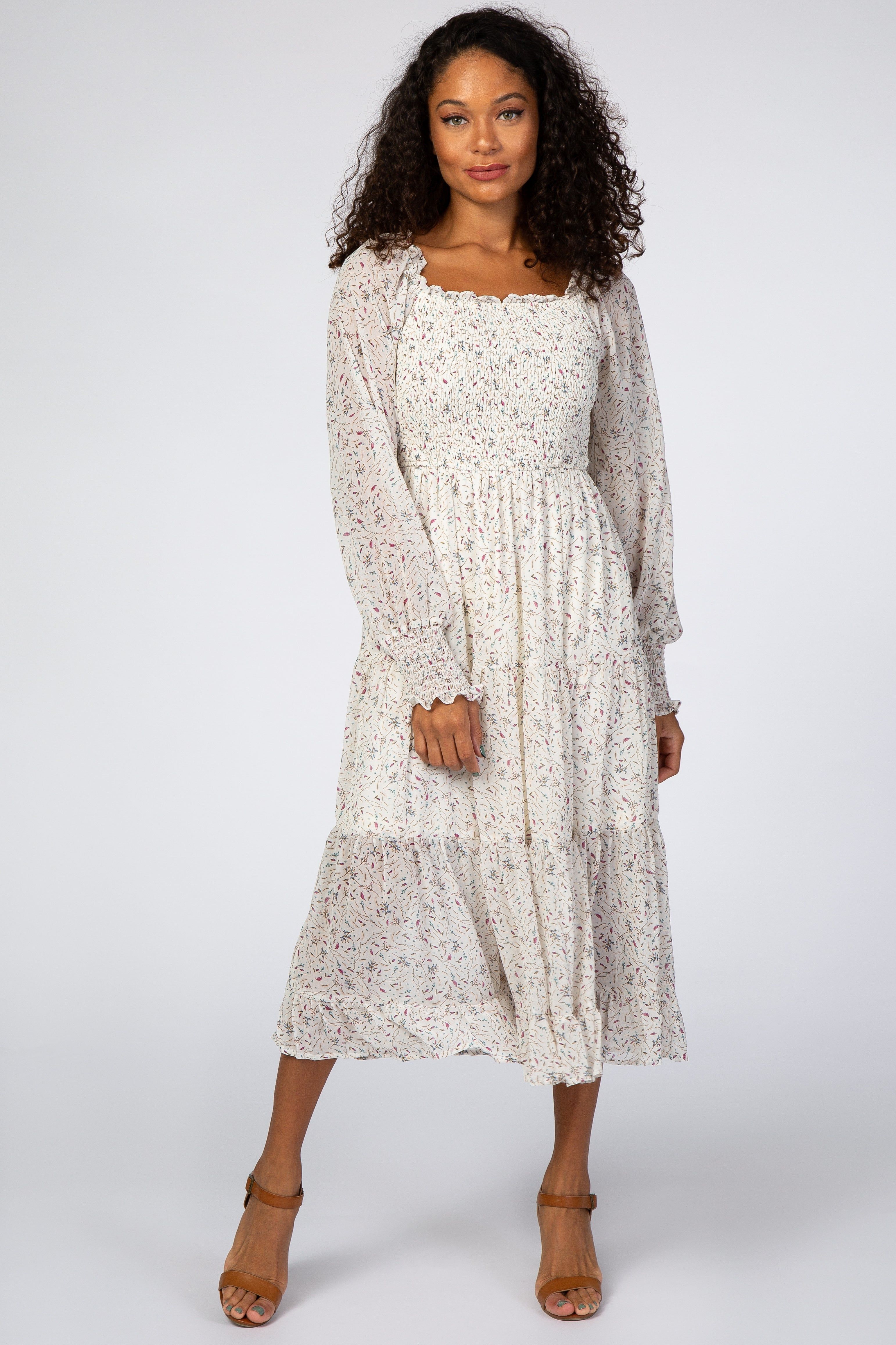 Ivory Floral Smocked Front Ruffle Hem Midi Dress sold by Pinkblush