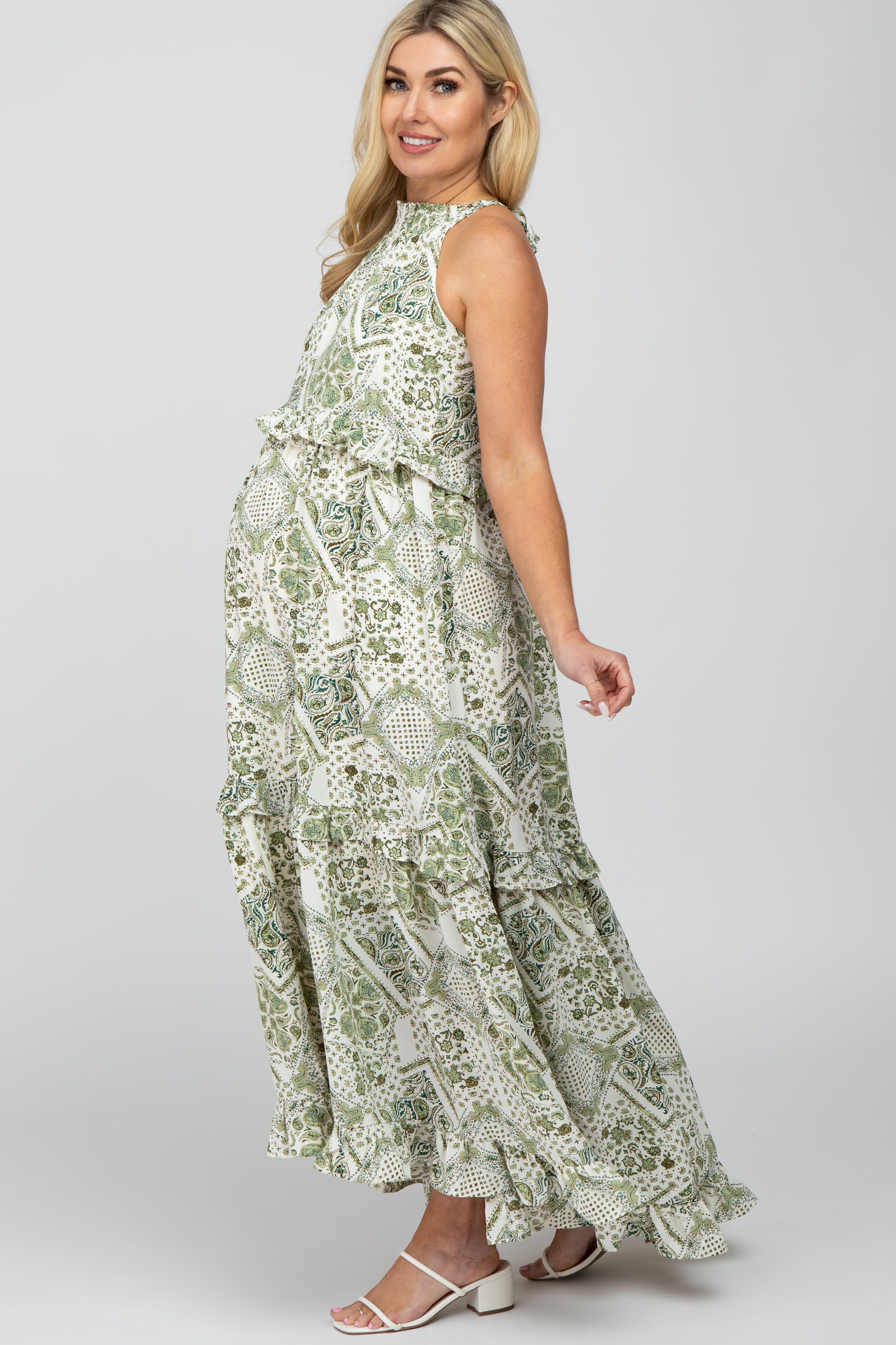 Green Floral Paisley Print Tiered Maternity Maxi Dress sold by Pinkblush product image thumbnail 2