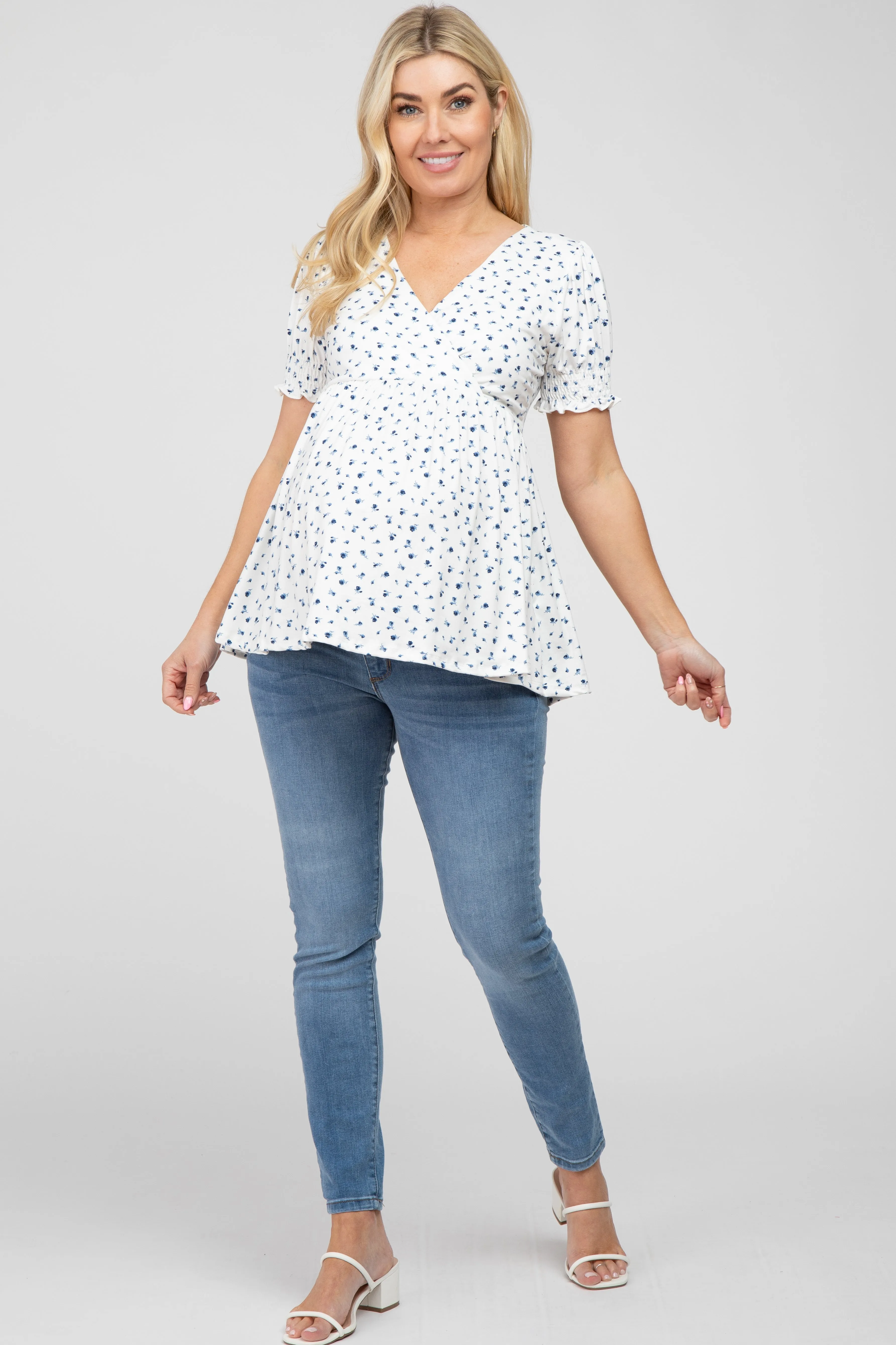 Ivory Ditsy Floral Smocked Sleeve Maternity Wrap Top sold by Pinkblush product image thumbnail 4