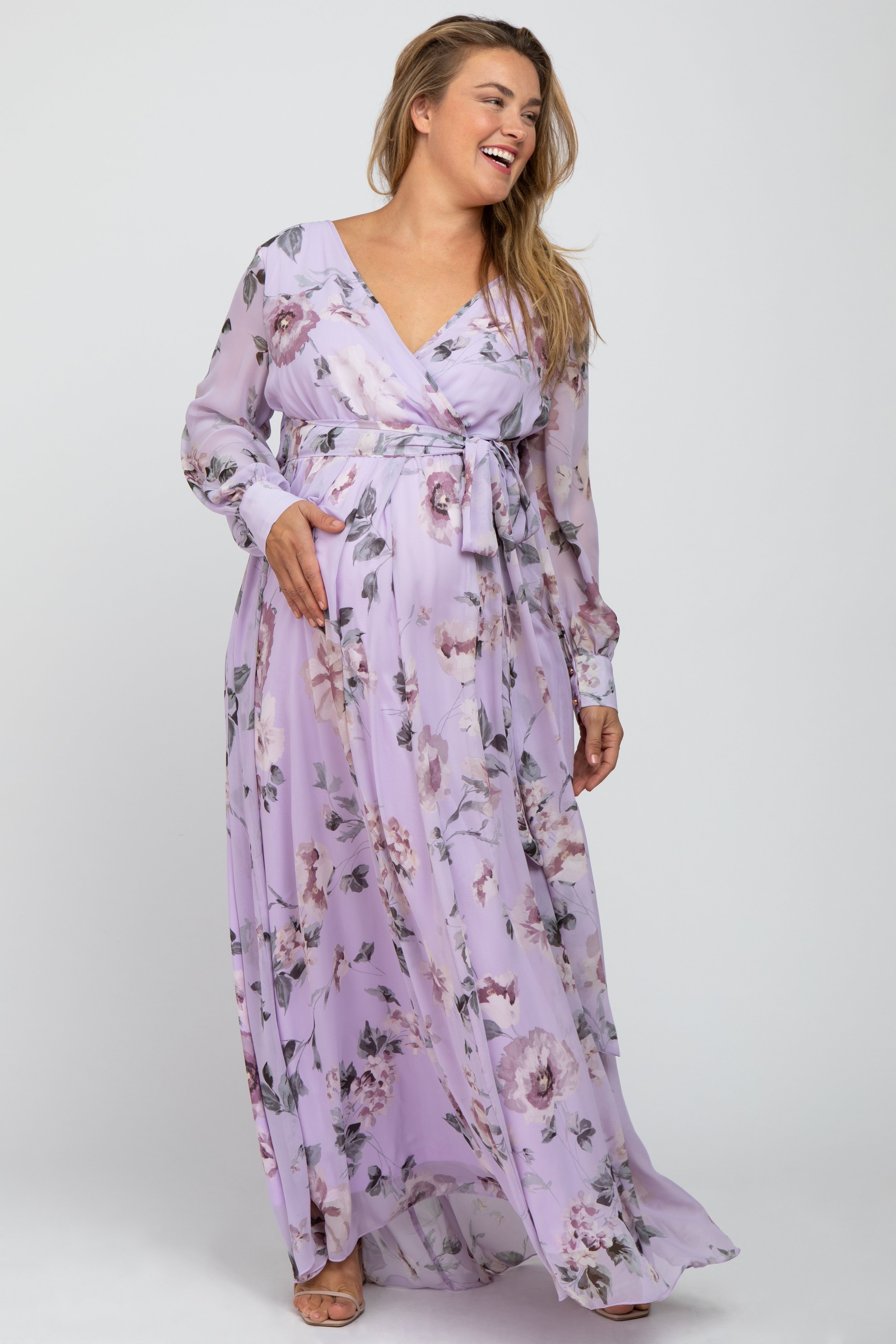 Lavender Floral Chiffon Maternity Plus Maxi Dress sold by Pinkblush