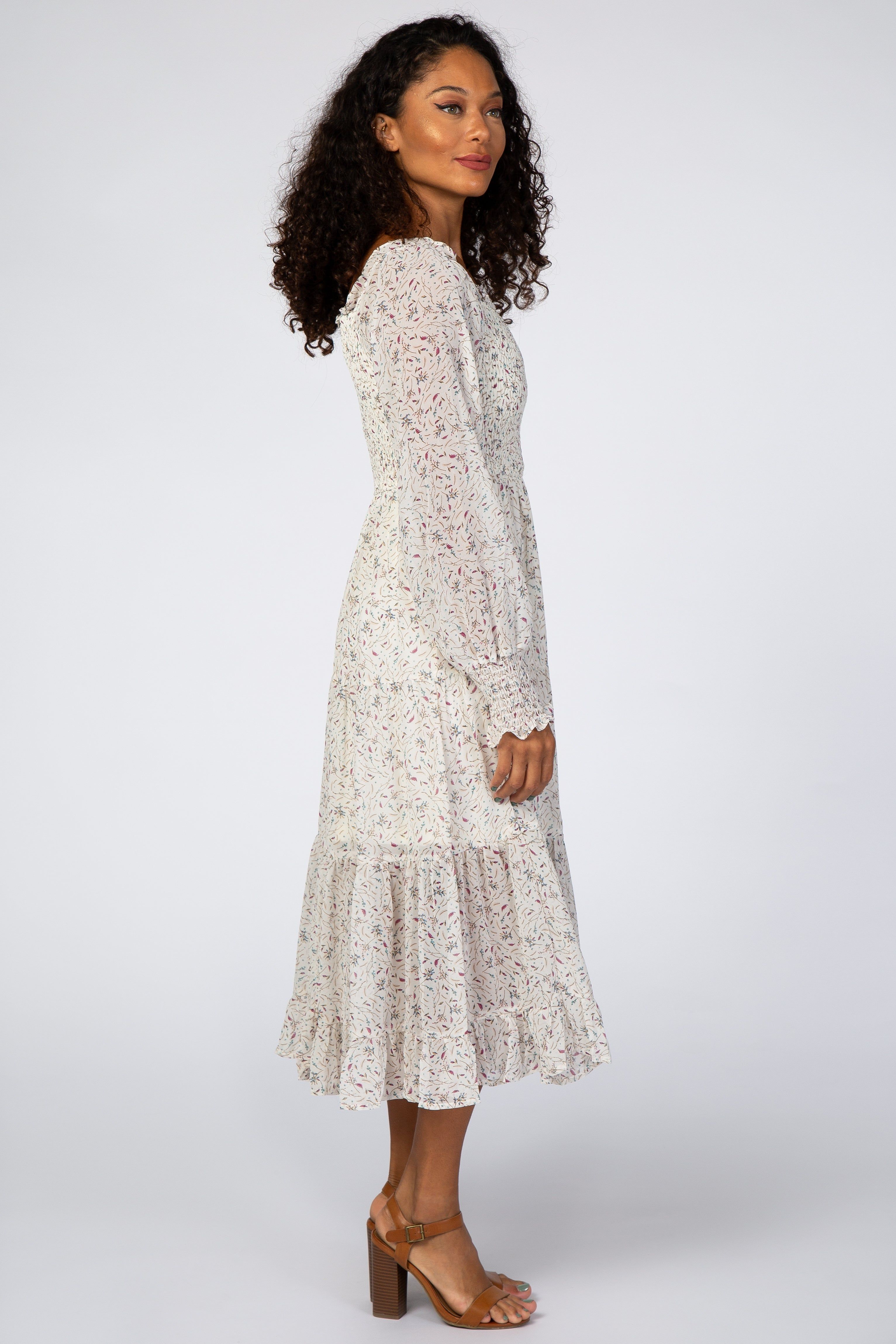 Ivory Floral Smocked Front Ruffle Hem Midi Dress sold by Pinkblush product image thumbnail 2