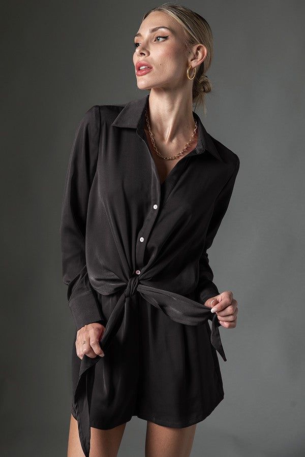 Black Satin Front Tie Romper sold by Pinkblush