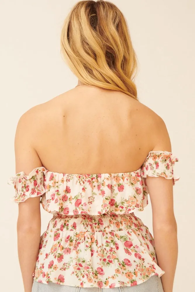 Cream Floral Off-Shoulder Ruffle Flounce Peplum Top sold by Pinkblush product image thumbnail 3
