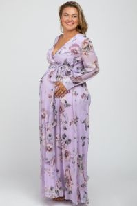 Lavender Floral Chiffon Maternity Plus Maxi Dress sold by Pinkblush
