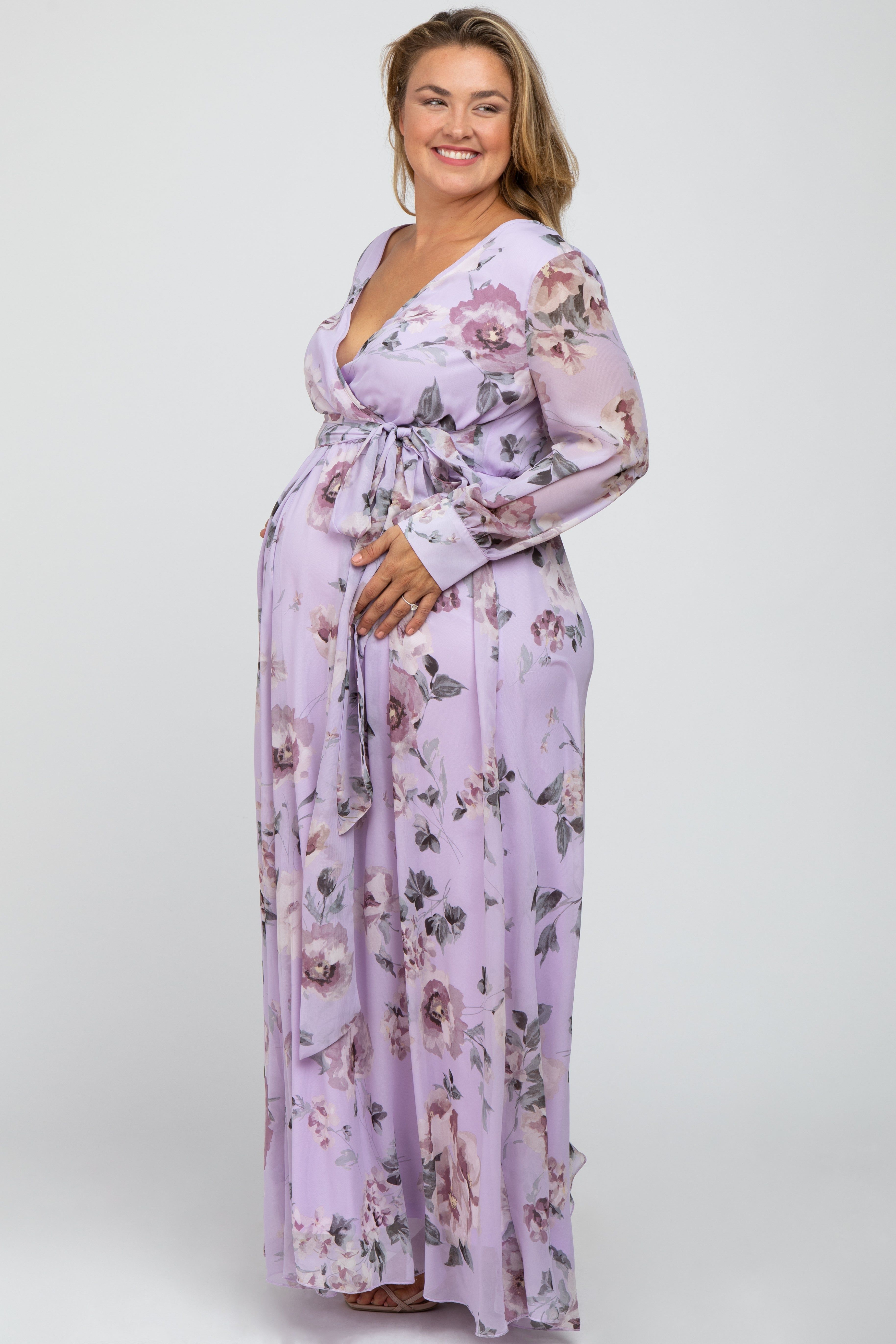 Lavender Floral Chiffon Maternity Plus Maxi Dress sold by Pinkblush product image thumbnail 2