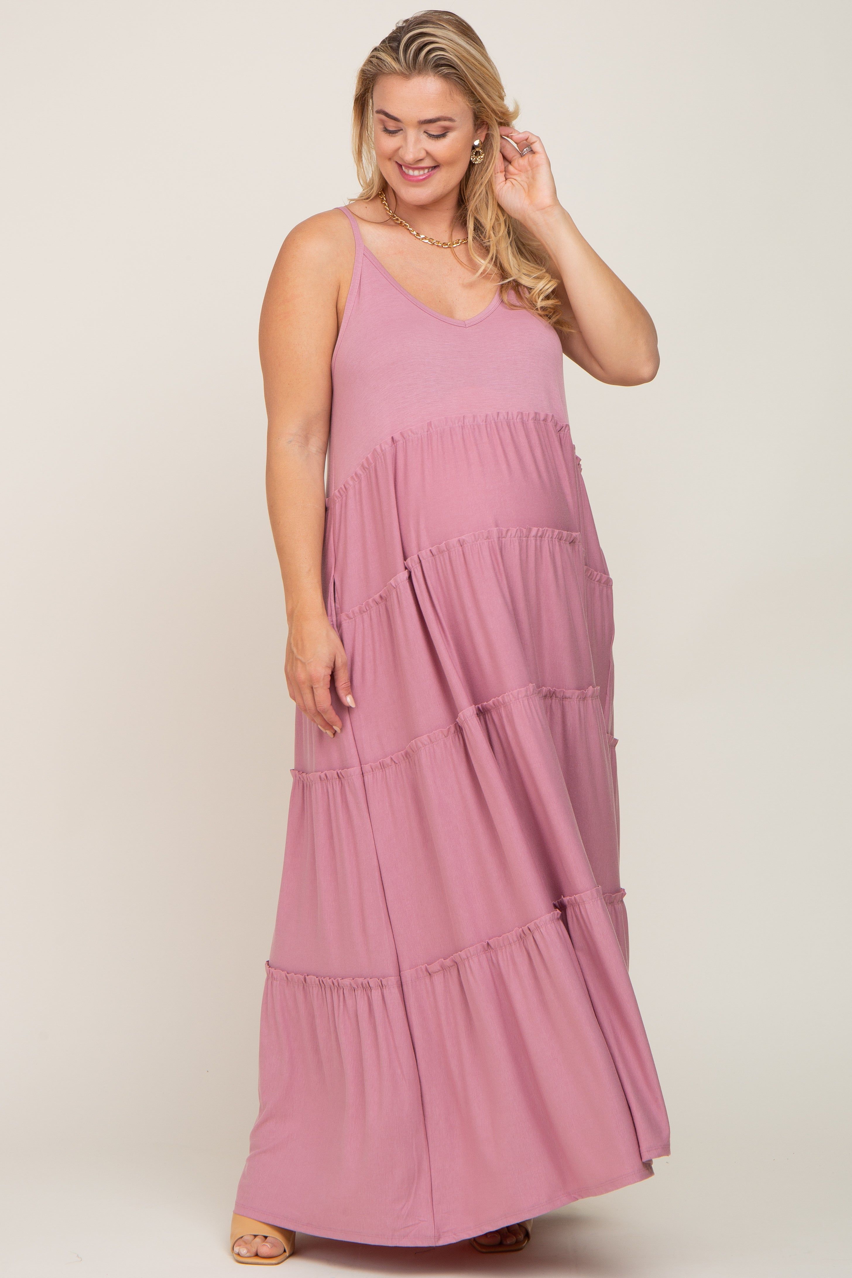 Mauve Tiered Sleeveless Maternity Plus Maxi Dress sold by Pinkblush product image thumbnail 4