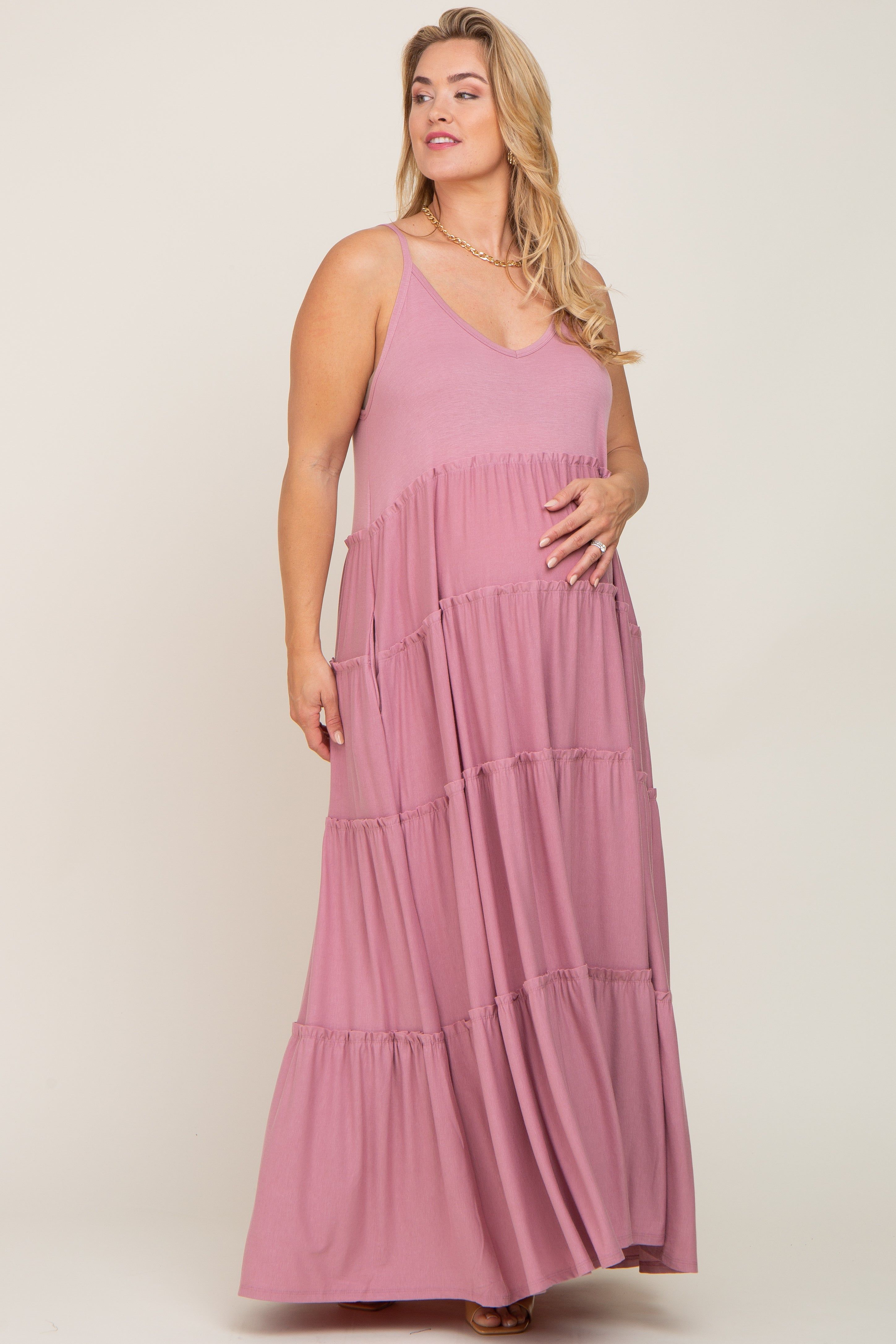 Mauve Tiered Sleeveless Maternity Plus Maxi Dress sold by Pinkblush