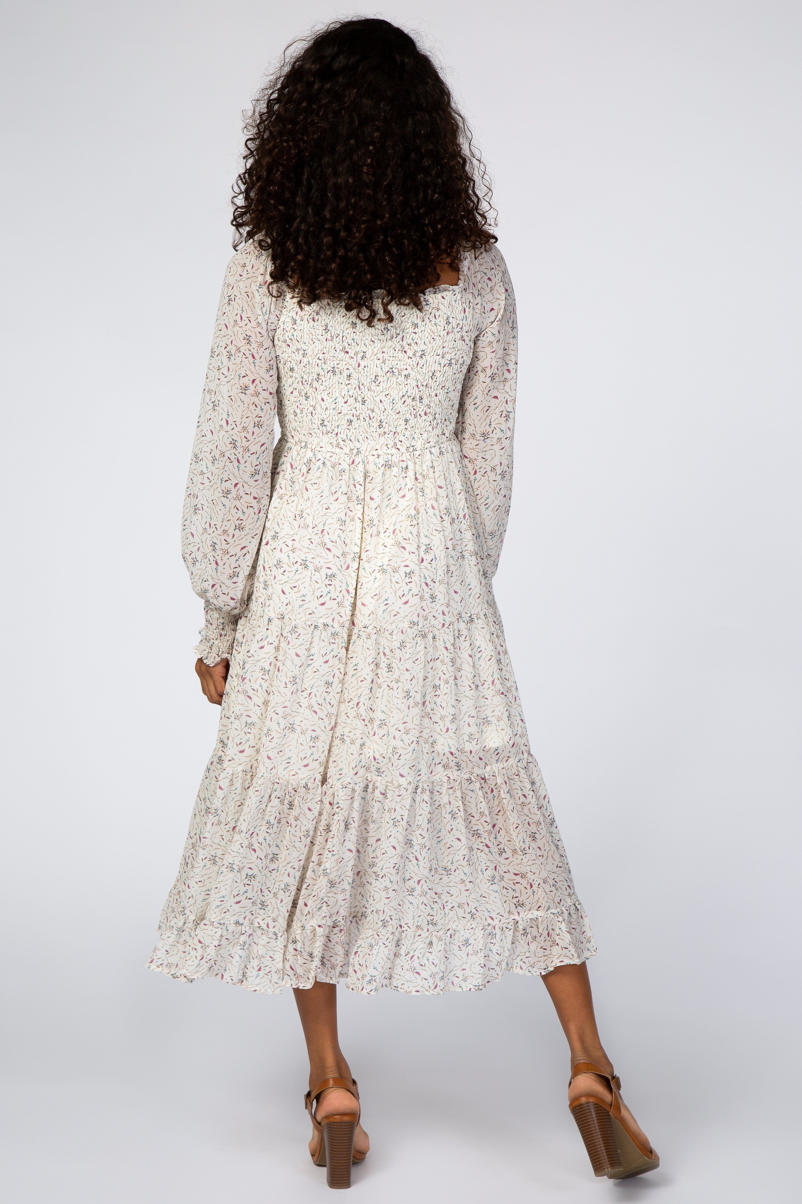 Ivory Floral Smocked Front Ruffle Hem Midi Dress sold by Pinkblush product image thumbnail 3