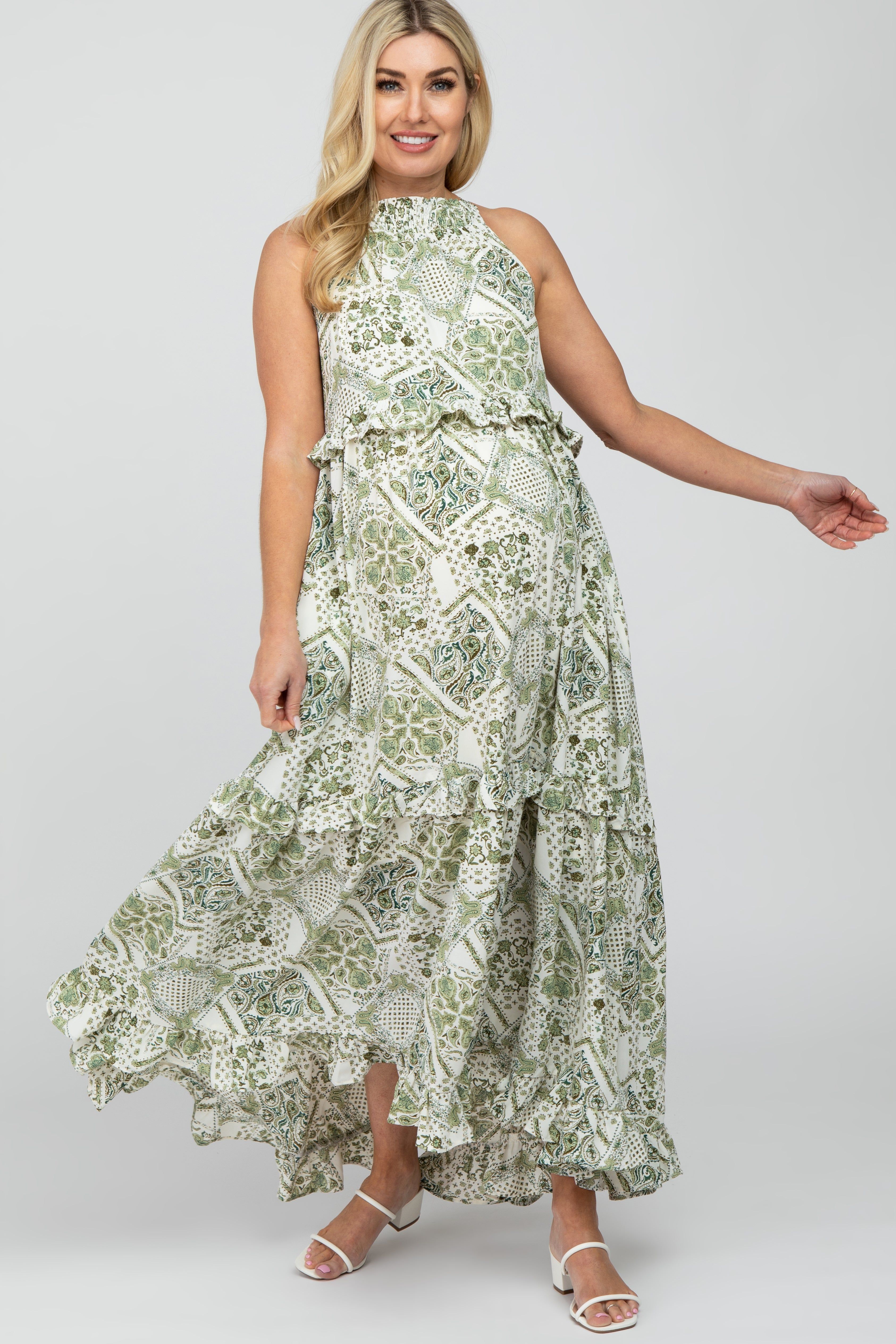 Green Floral Paisley Print Tiered Maternity Maxi Dress sold by Pinkblush