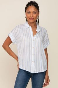 Blue Striped Collared Button Maternity Blouse sold by Pinkblush