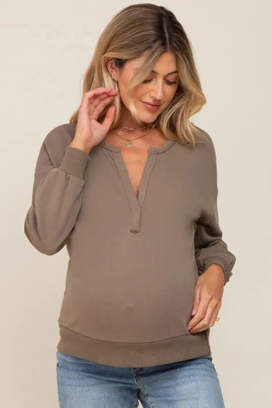 Taupe Split V-Neck Long Sleeve Maternity Sweatshirt sold by Pinkblush