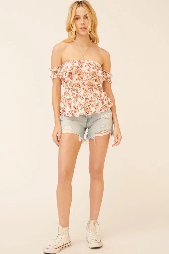 Cream Floral Off-Shoulder Ruffle Flounce Peplum Top sold by Pinkblush product image thumbnail 4