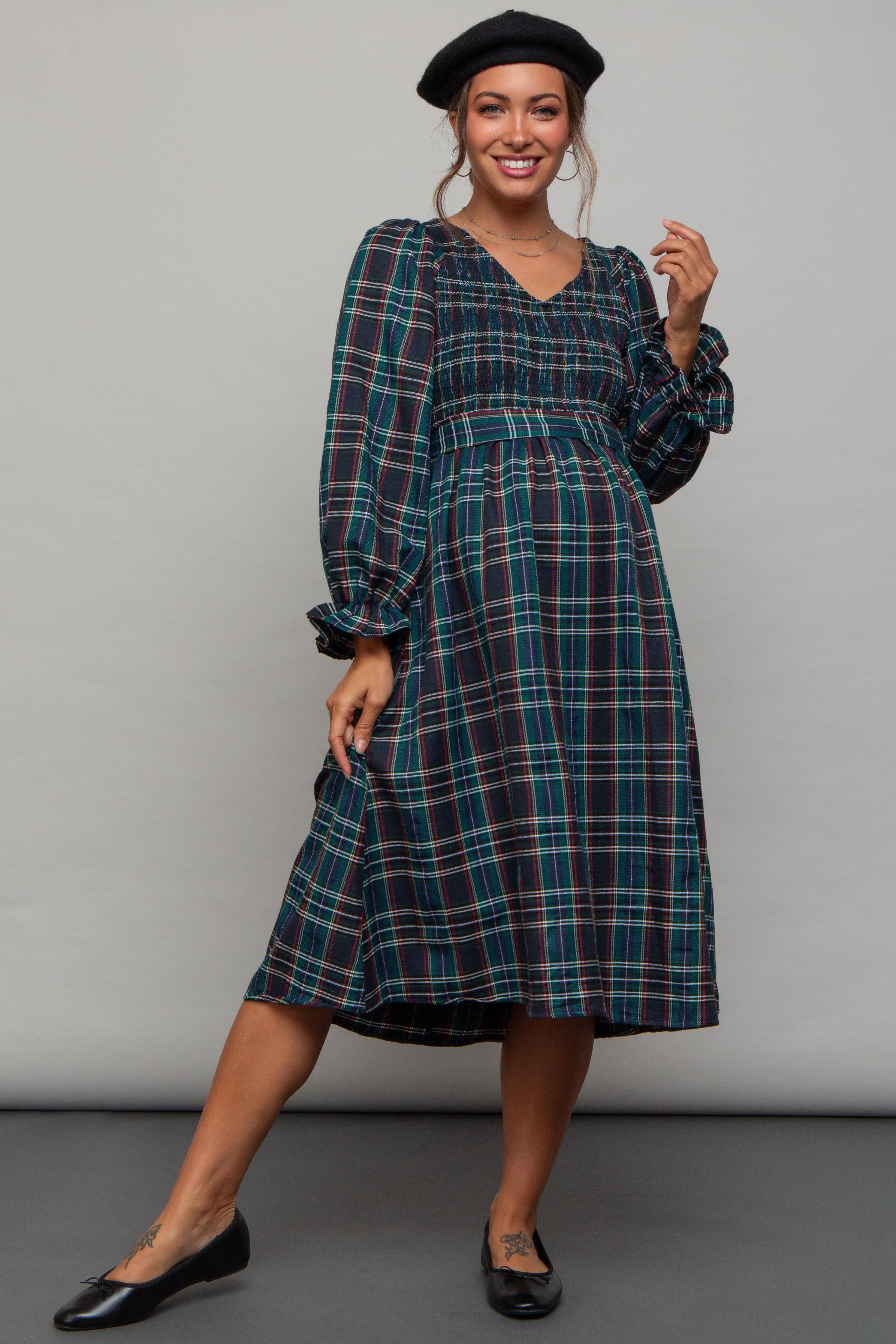 Forest Green Plaid Smocked A-Line Maternity Midi Dress sold by Pinkblush product image thumbnail 5