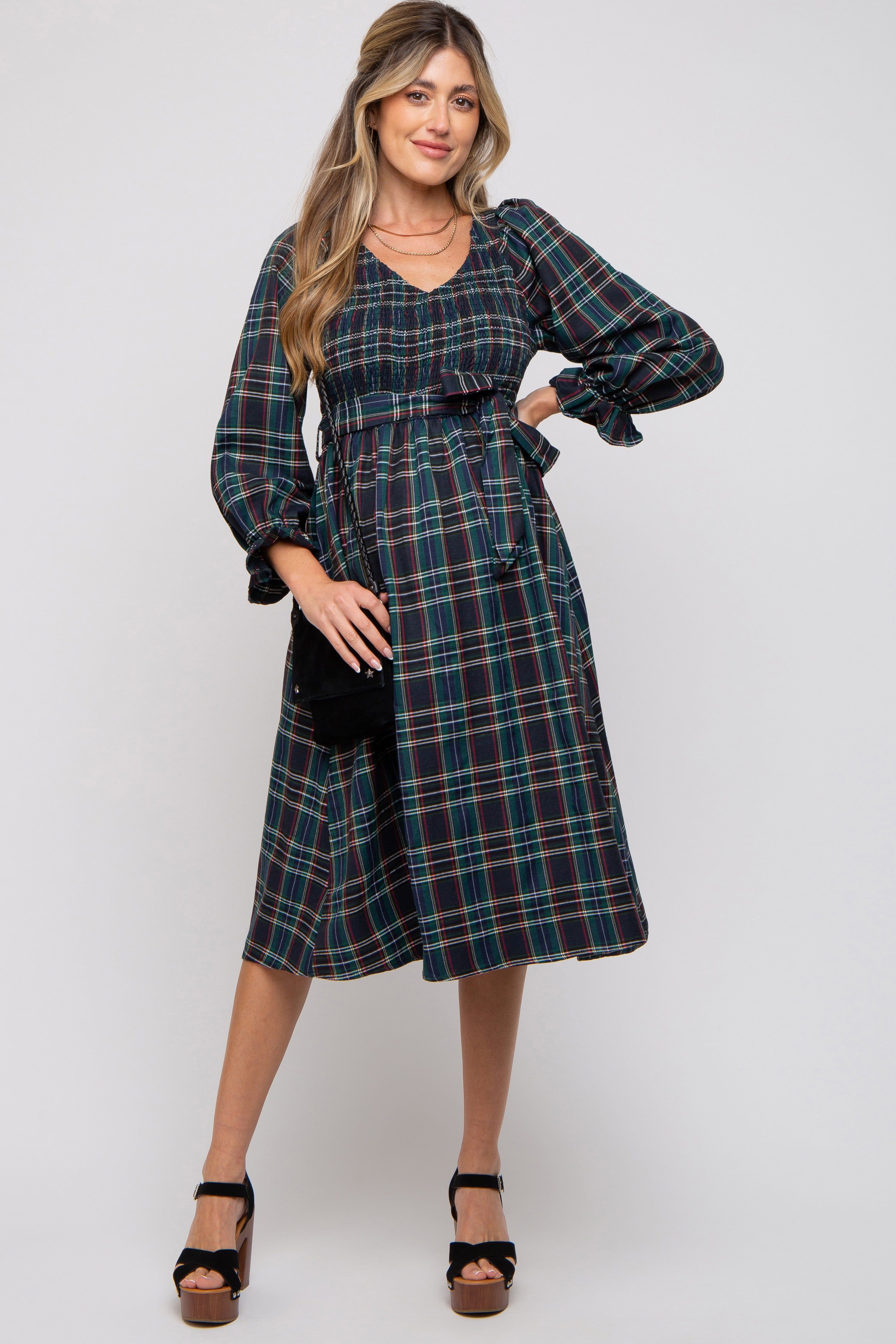 Forest Green Plaid Smocked A-Line Maternity Midi Dress sold by Pinkblush product image thumbnail 2