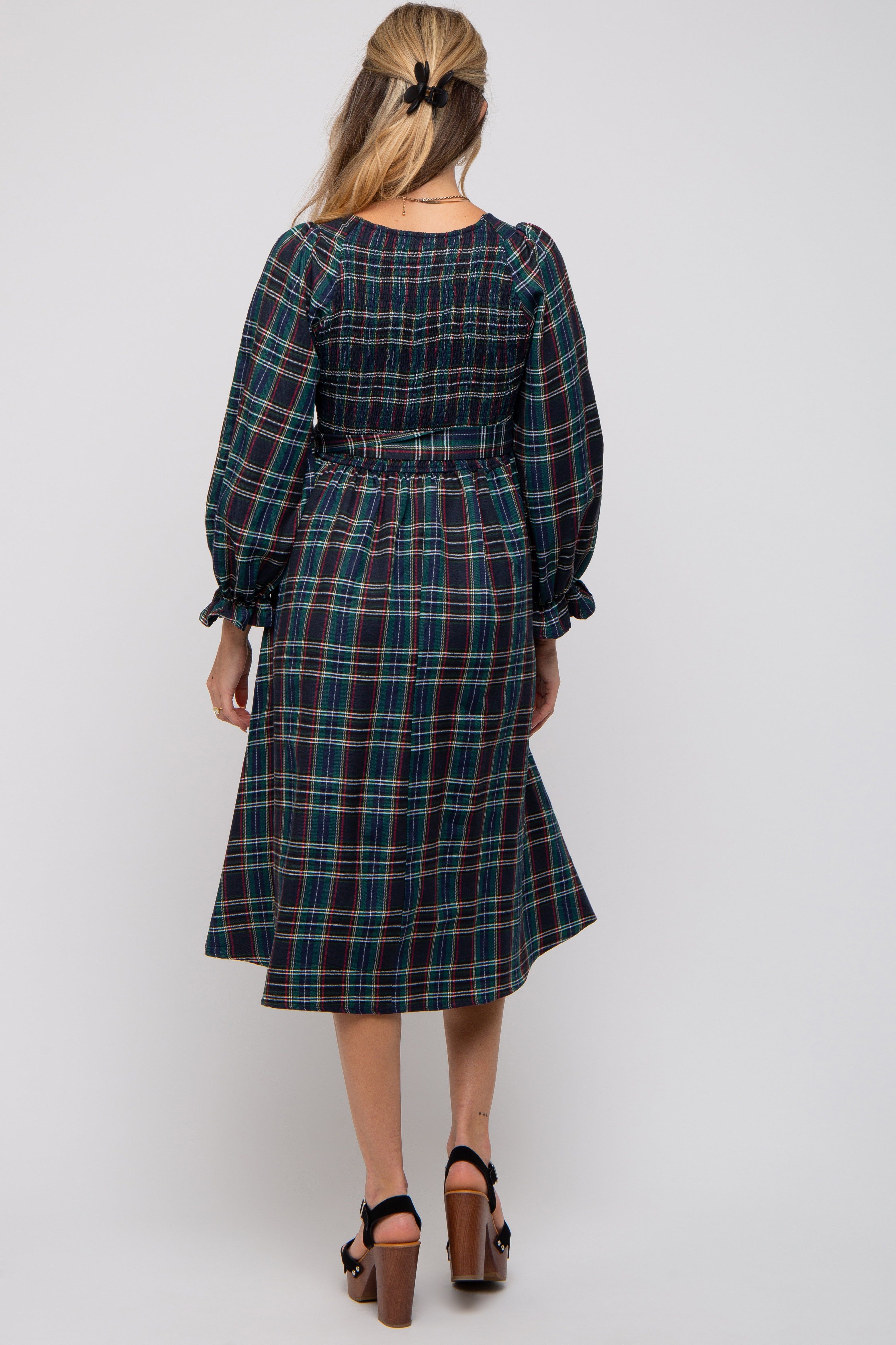 Forest Green Plaid Smocked A-Line Maternity Midi Dress sold by Pinkblush product image thumbnail 3
