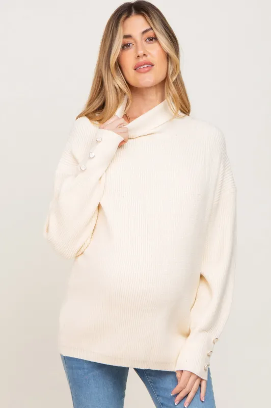 Cream Button Accent Turtleneck Maternity Sweater sold by Pinkblush