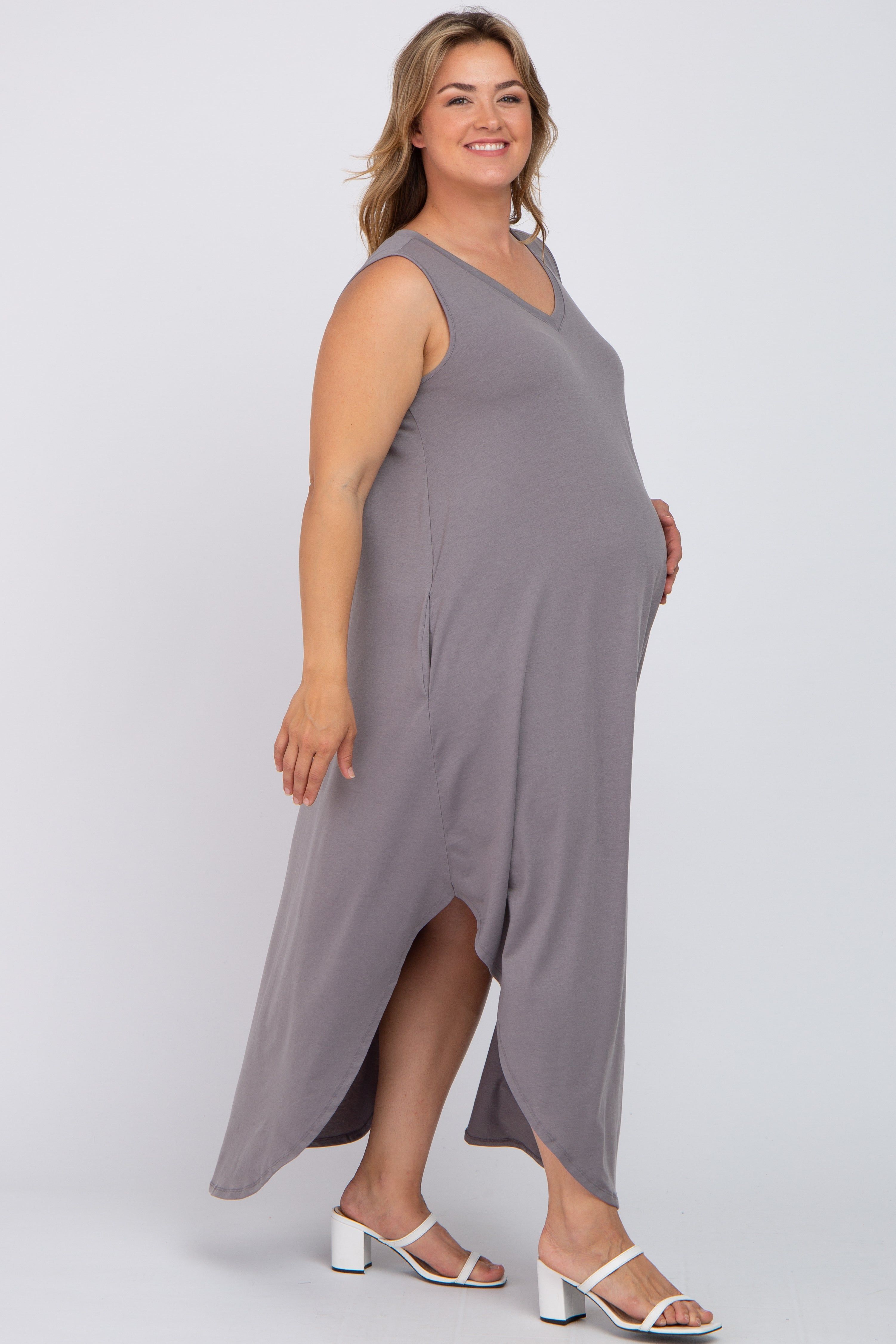 Grey V-Neck Basic Maternity Plus Maxi Dress sold by Pinkblush product image thumbnail 2