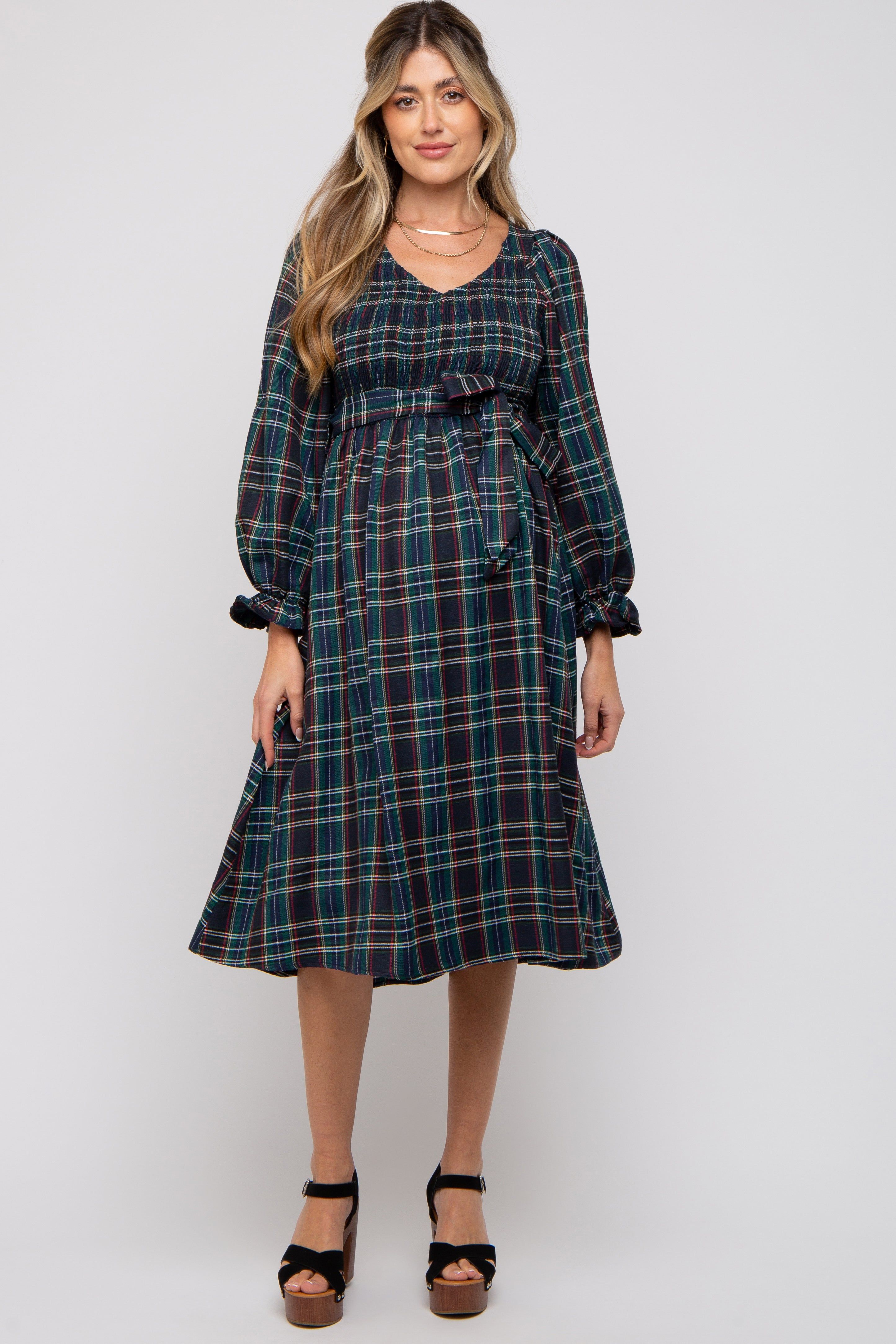 Forest Green Plaid Smocked A-Line Maternity Midi Dress sold by Pinkblush product image thumbnail 4