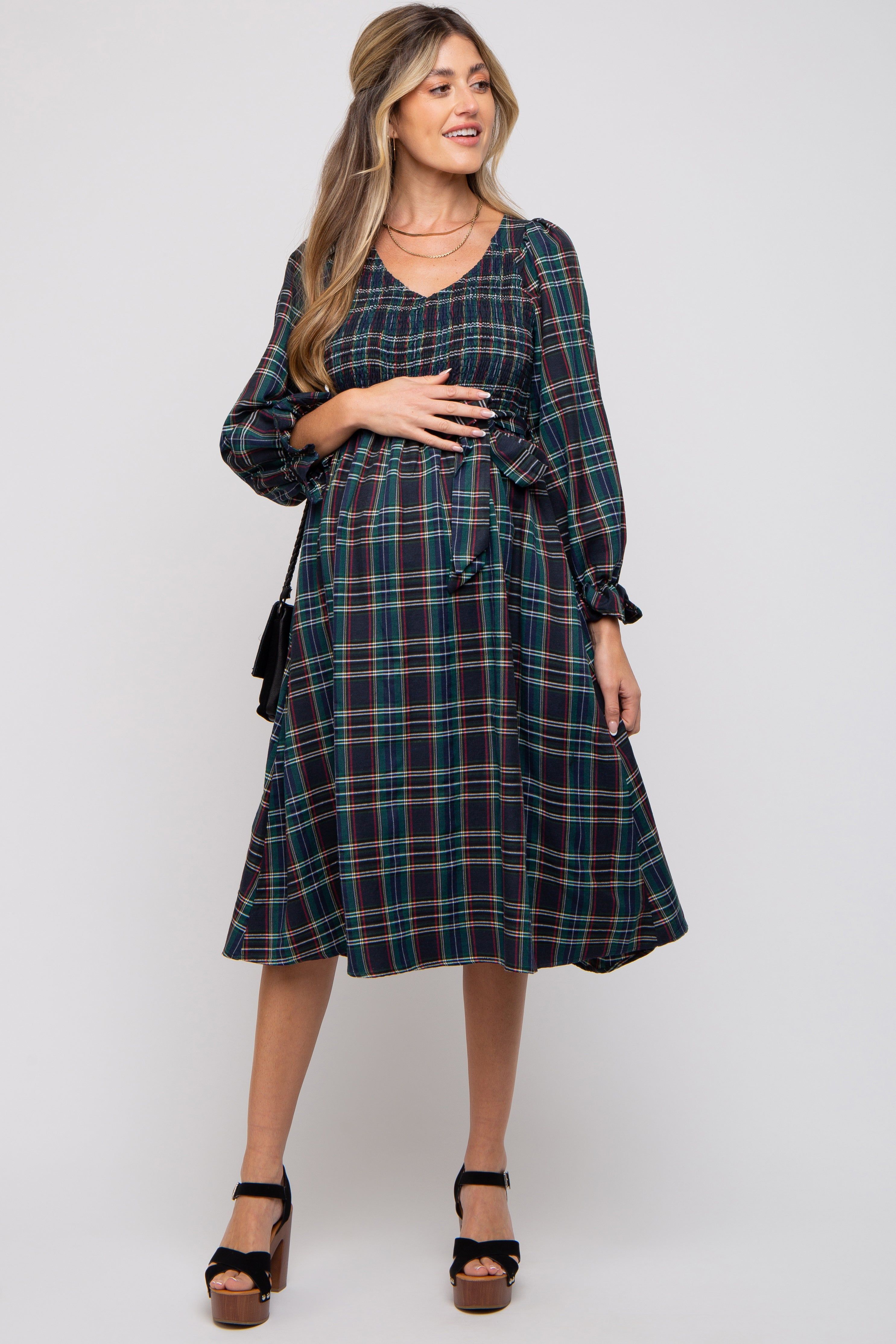 Forest Green Plaid Smocked A-Line Maternity Midi Dress sold by Pinkblush