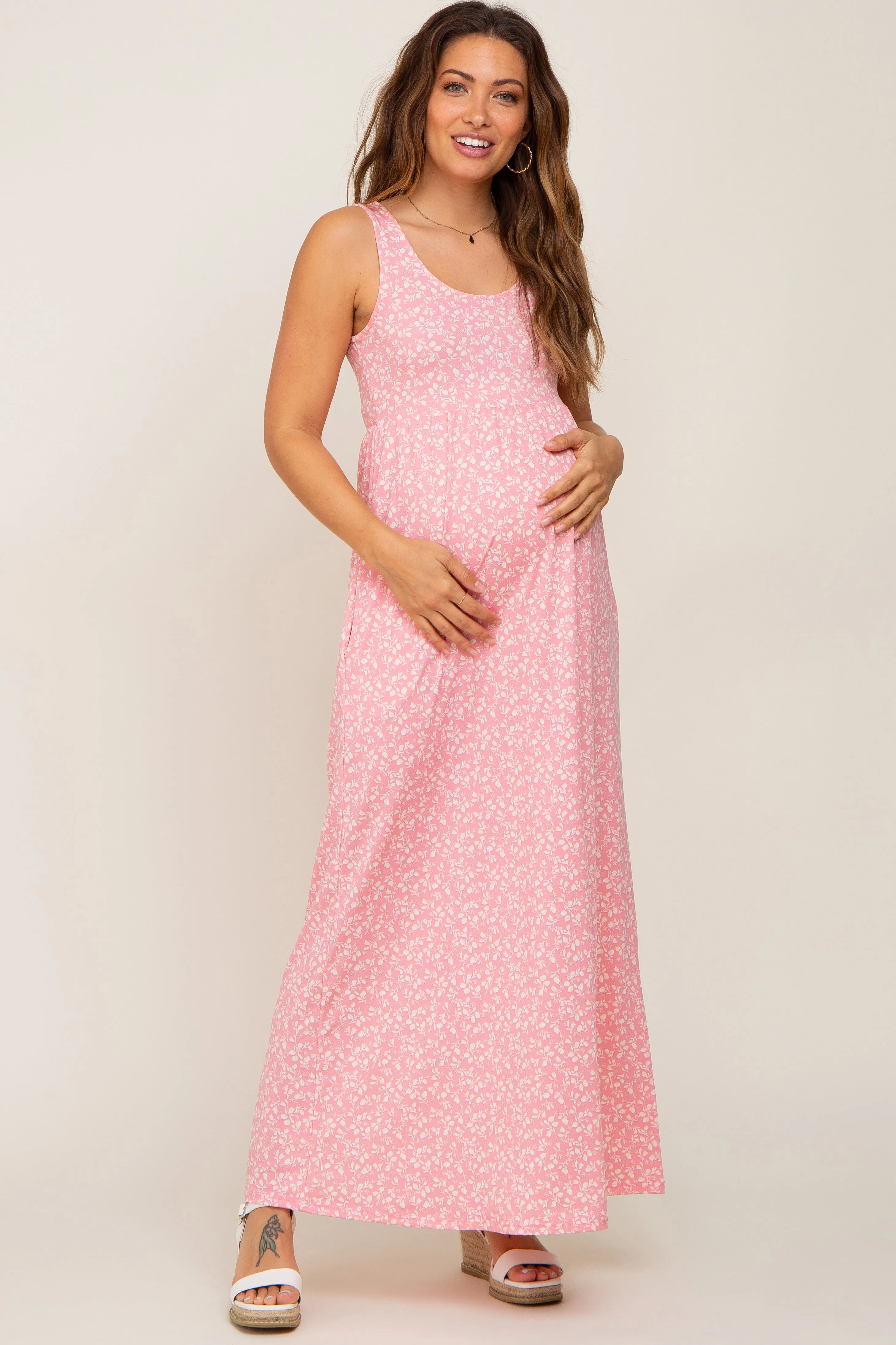 Pink Floral Sleeveless Maternity Maxi Dress sold by Pinkblush