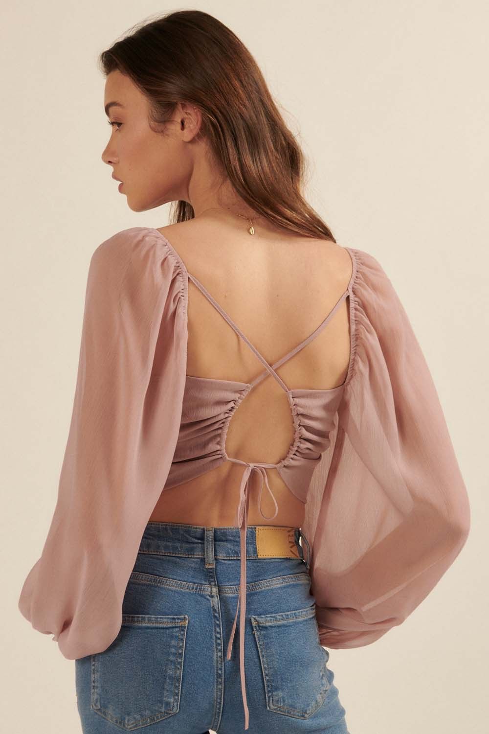Blush Solid Sweetheart Neck Puff Sleeve Open Back Blouse sold by Pinkblush product image thumbnail 3