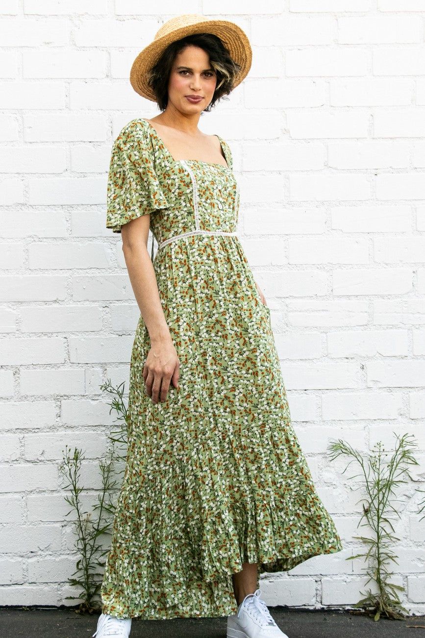Green Floral Button Front Square Neck Ruffle Hi-Low Midi Dress sold by Pinkblush product image thumbnail 2