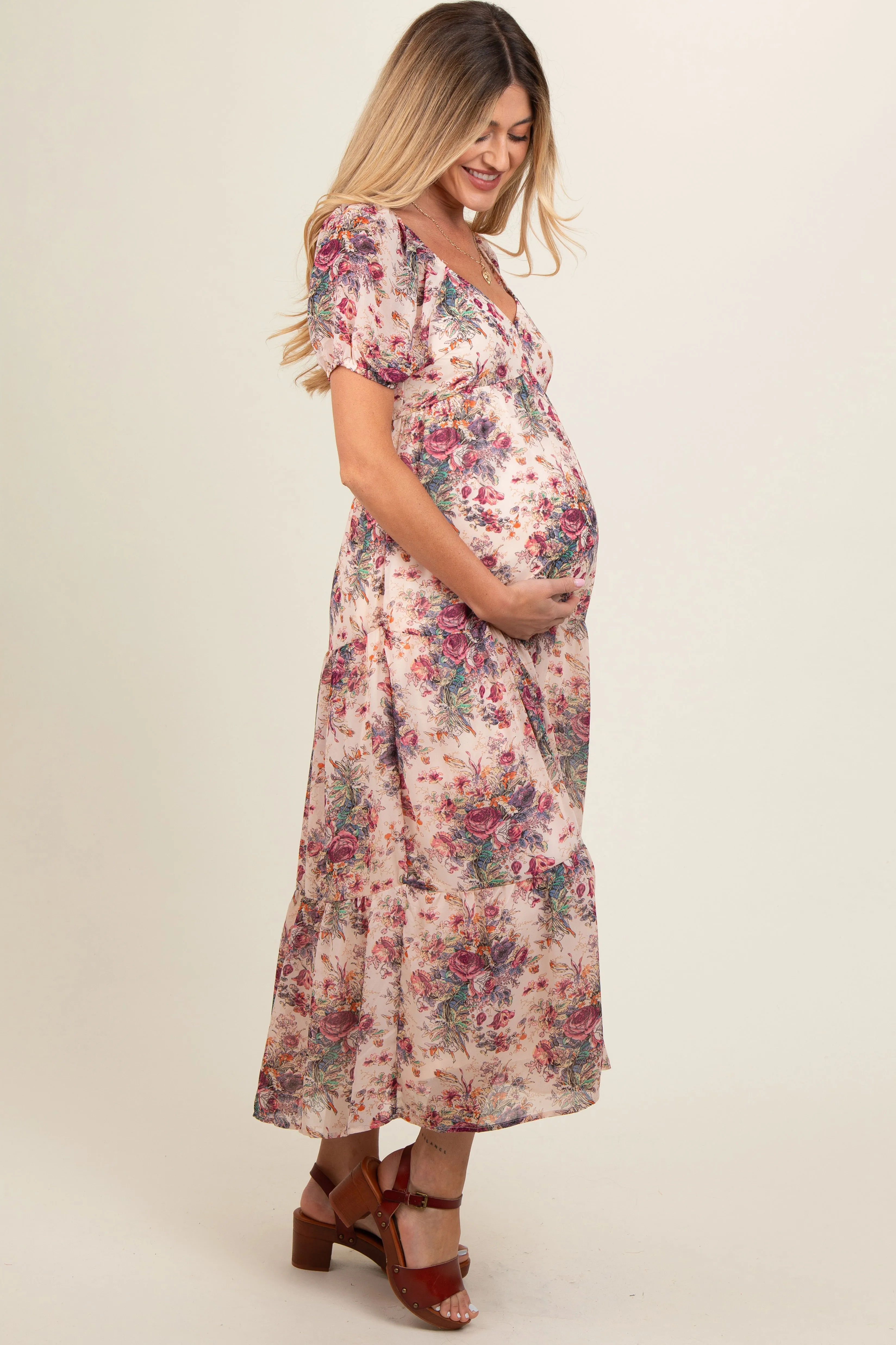 Cream Floral Chiffon Maternity Maxi Dress sold by Pinkblush product image thumbnail 3