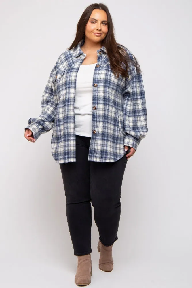 Navy Blue Flannel Plaid Button Up Plus Shacket sold by Pinkblush product image thumbnail 4