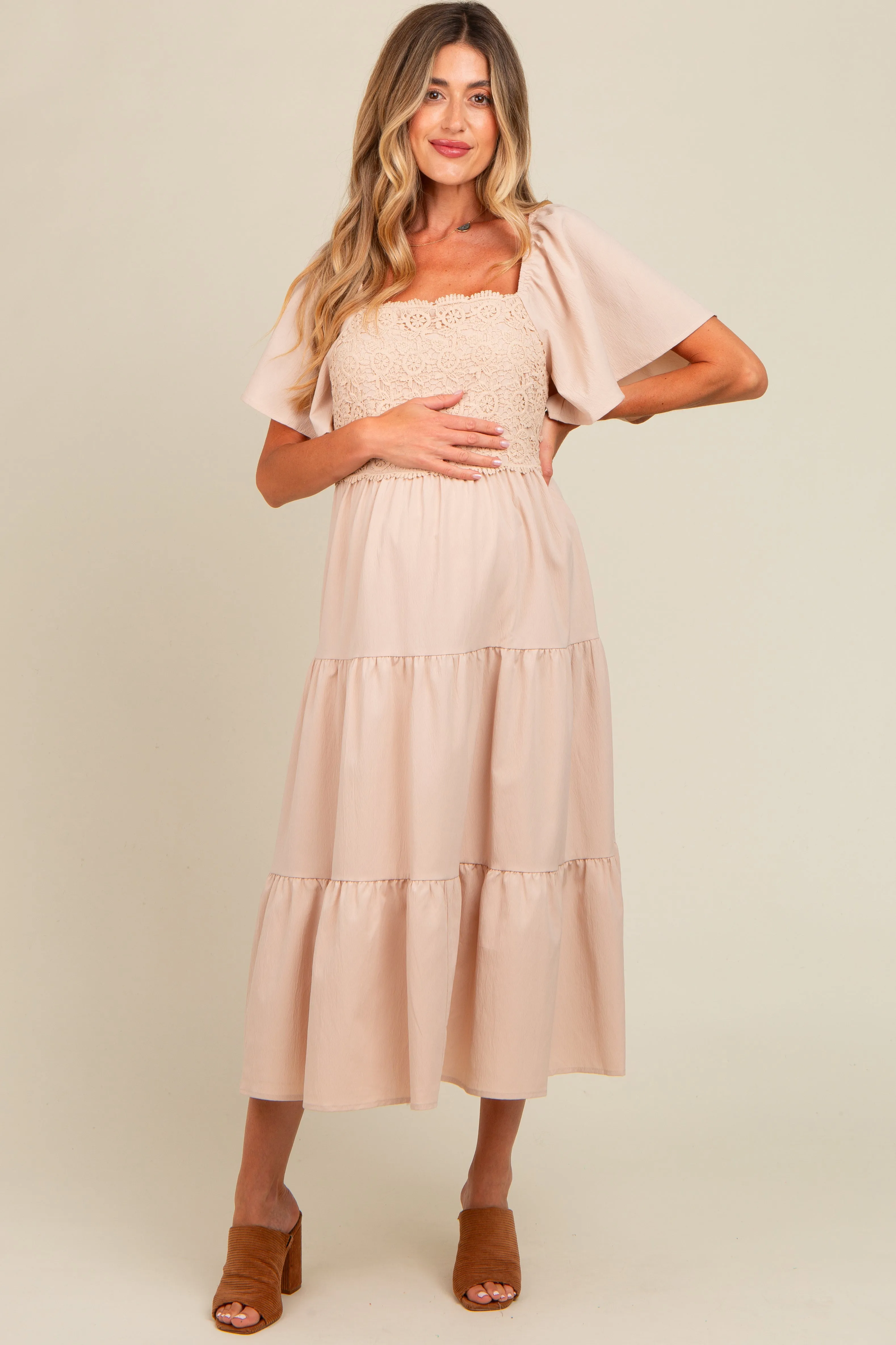 Beige Crochet Tiered Lace Maternity Midi Dress sold by Pinkblush