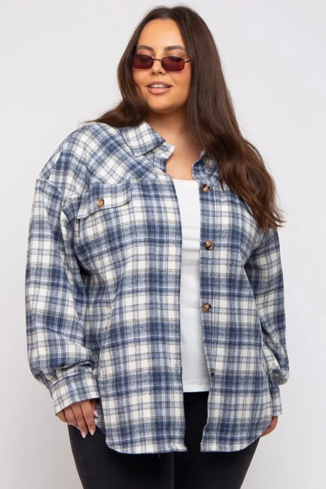 Navy Blue Flannel Plaid Button Up Plus Shacket sold by Pinkblush