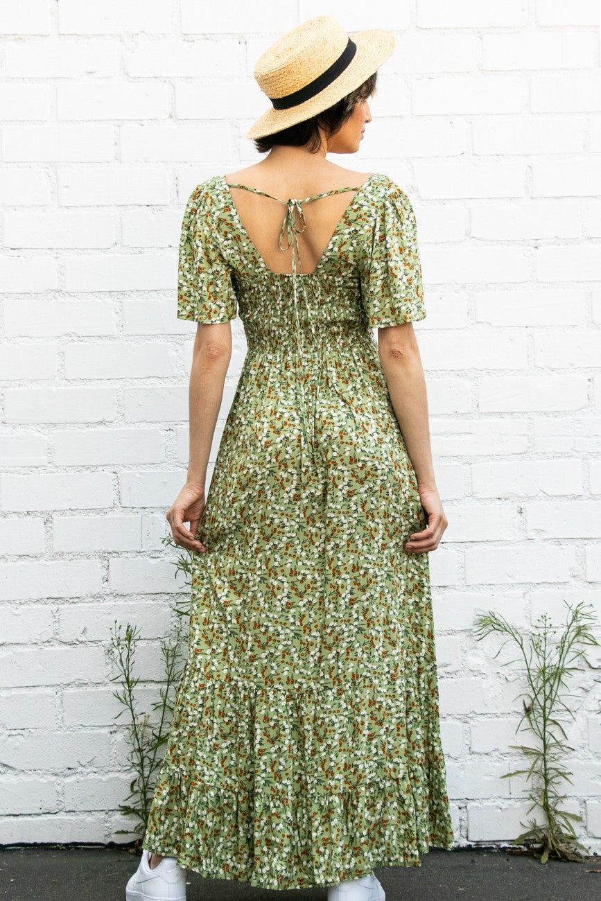 Green Floral Button Front Square Neck Ruffle Hi-Low Midi Dress sold by Pinkblush product image thumbnail 3
