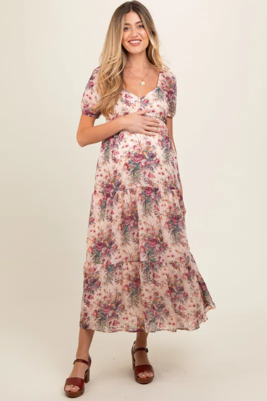 Cream Floral Chiffon Maternity Maxi Dress sold by Pinkblush