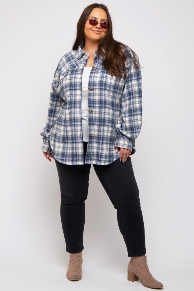 Navy Blue Flannel Plaid Button Up Plus Shacket sold by Pinkblush product image thumbnail 5