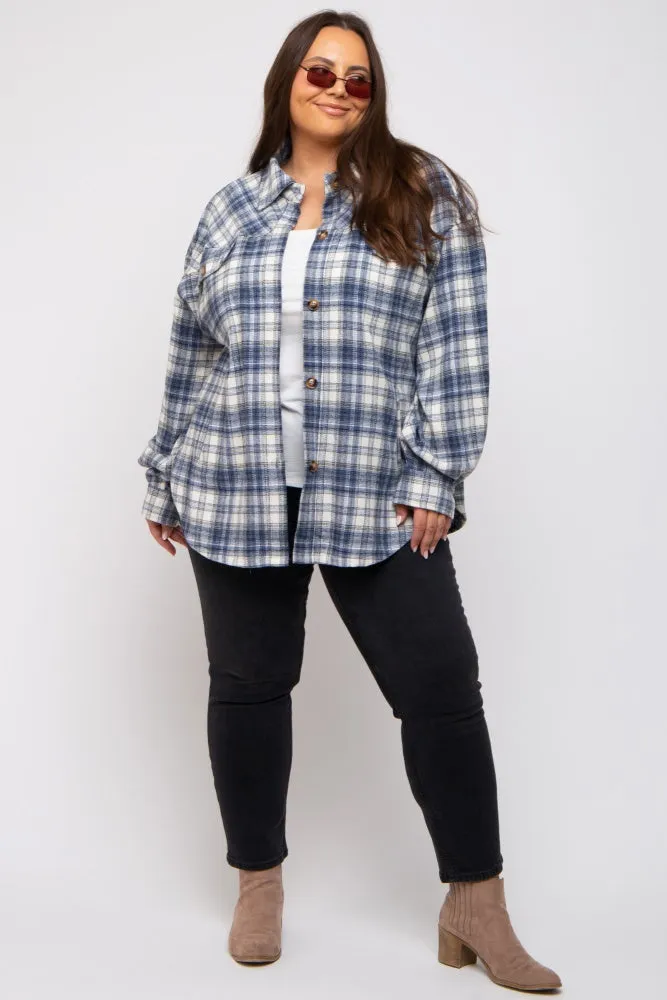 Navy Blue Flannel Plaid Button Up Plus Shacket sold by Pinkblush product image thumbnail 5