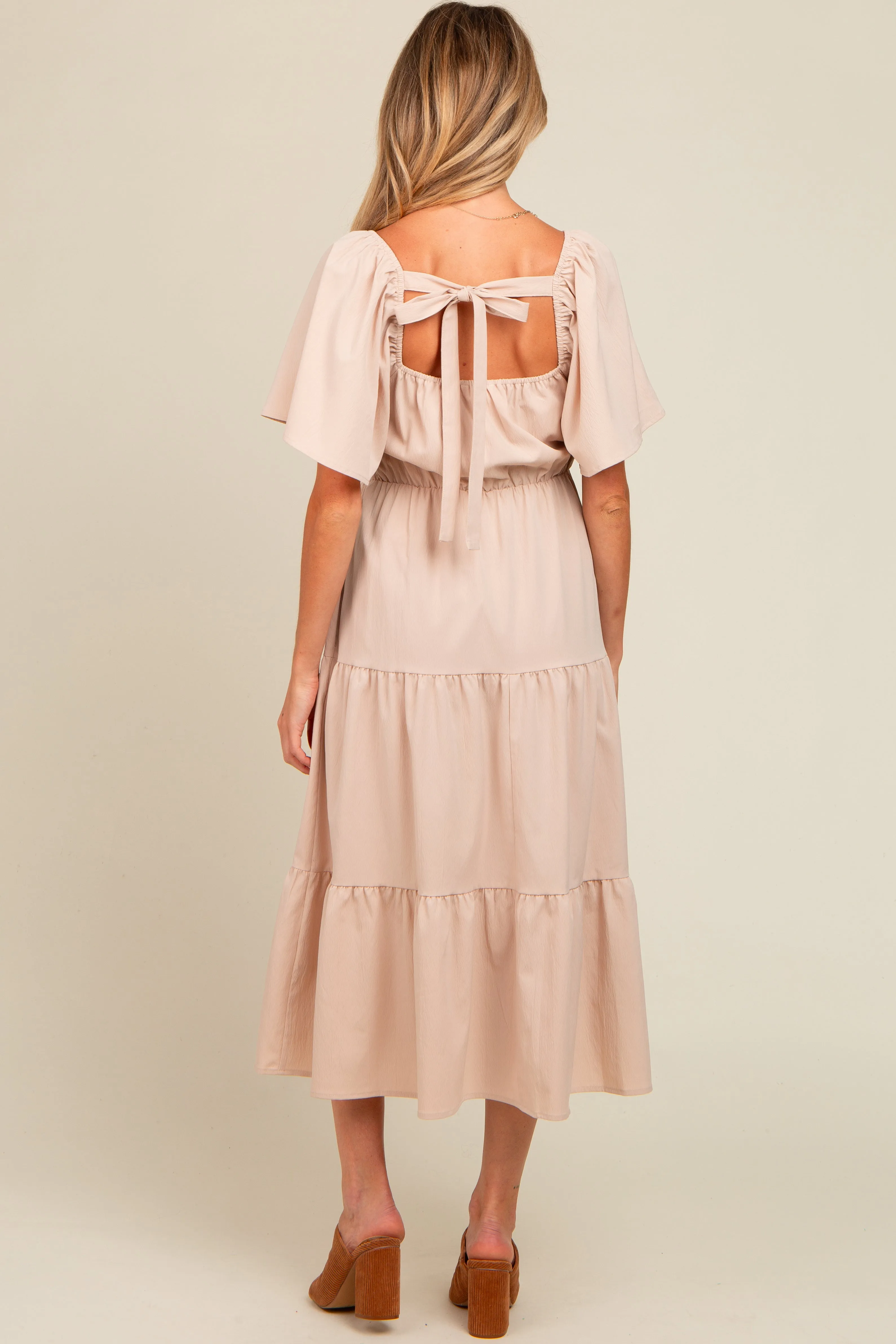 Beige Crochet Tiered Lace Maternity Midi Dress sold by Pinkblush product image thumbnail 2