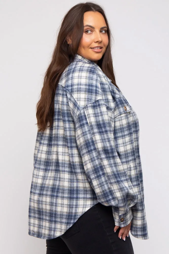 Navy Blue Flannel Plaid Button Up Plus Shacket sold by Pinkblush product image thumbnail 2