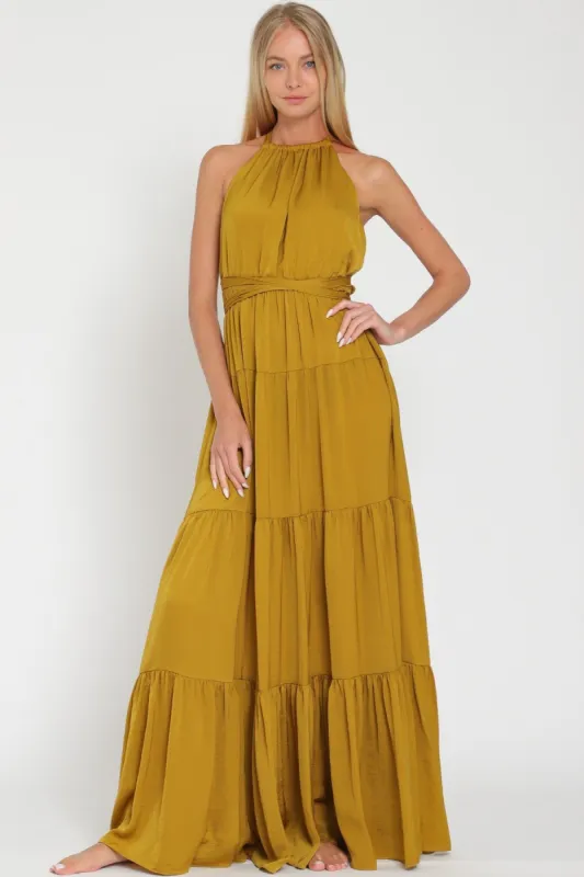 Golden Sleeveless Halter Maxi Dress sold by Pinkblush