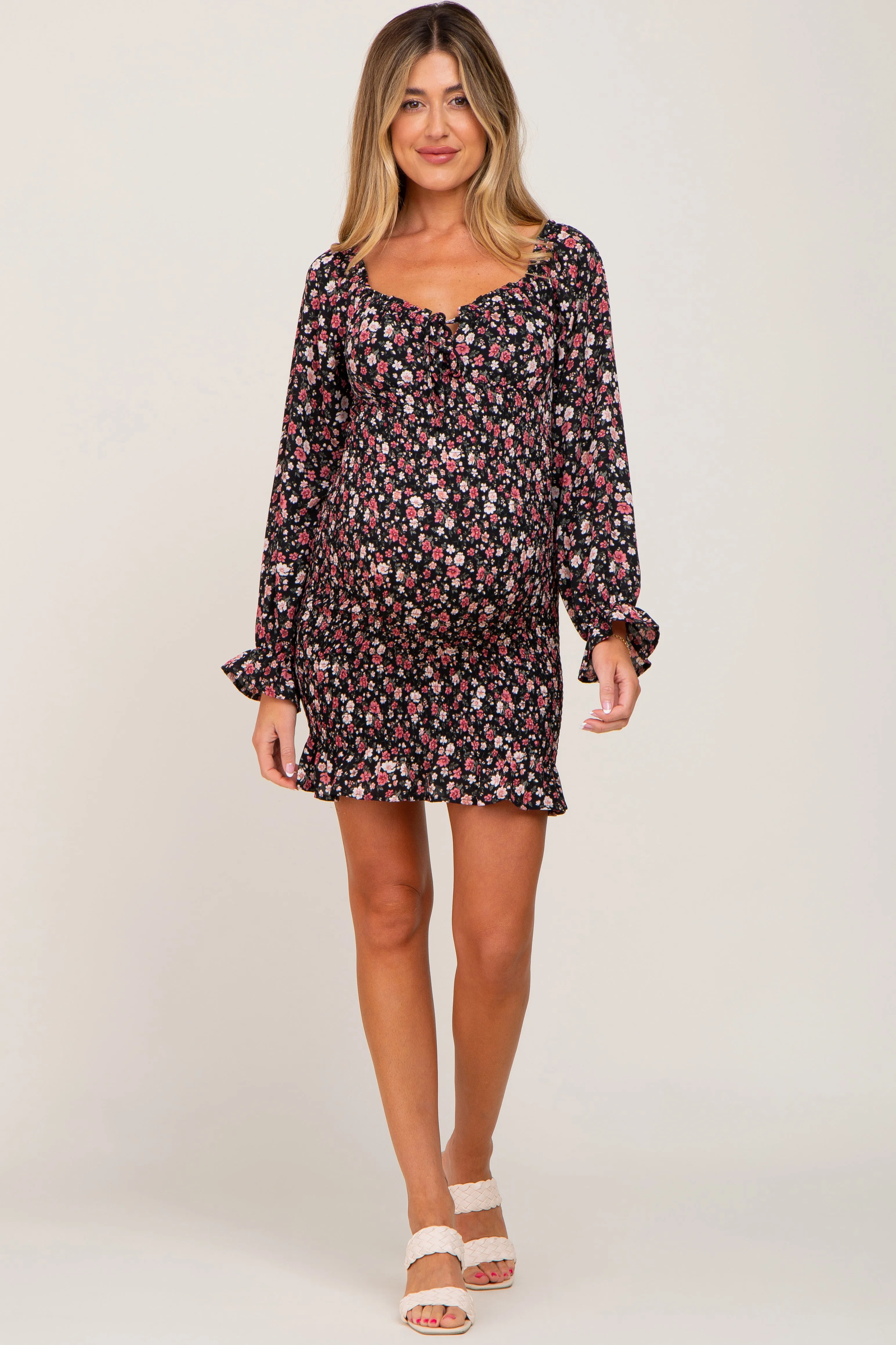 Black Floral Sweetheart Neck Smocked Long Sleeve Maternity Dress sold by Pinkblush product image thumbnail 4