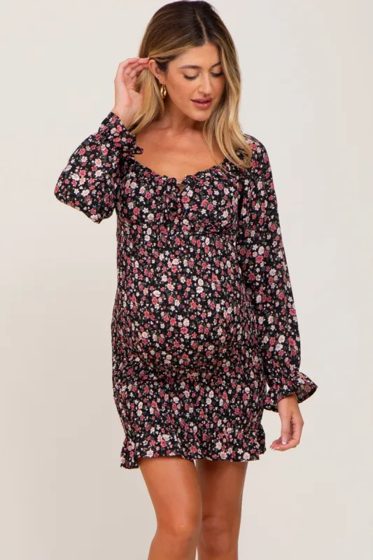 Black Floral Sweetheart Neck Smocked Long Sleeve Maternity Dress sold by Pinkblush