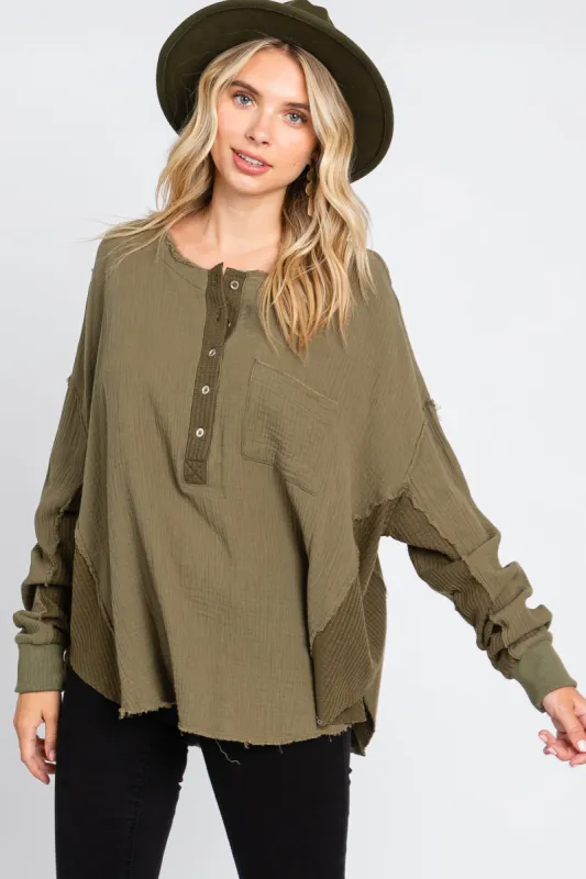 Olive Front Button Drop Shoulder Long Sleeve Top sold by Pinkblush