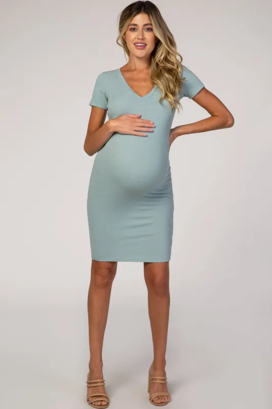 Dusty Mint Ribbed Maternity Dress sold by Pinkblush
