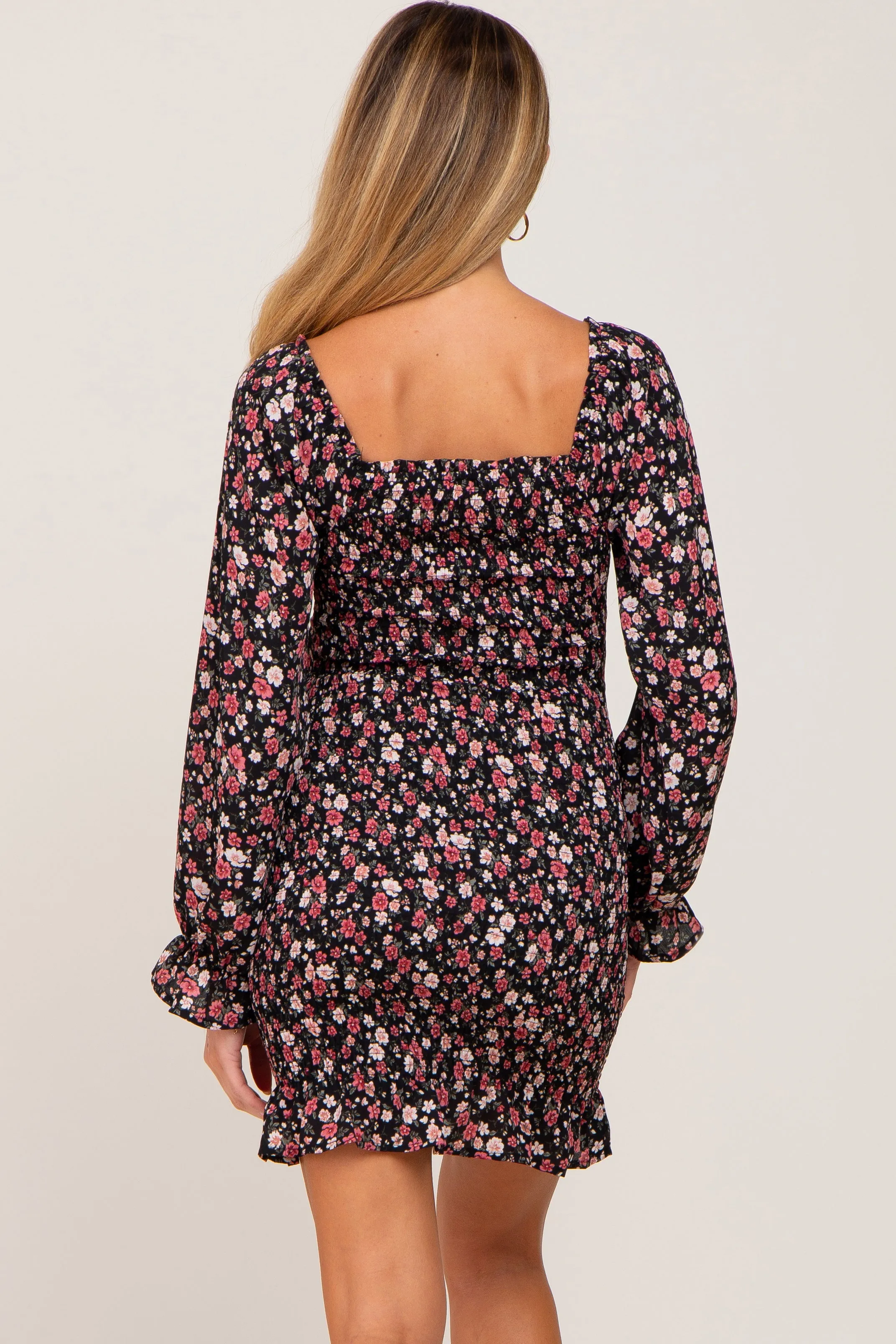 Black Floral Sweetheart Neck Smocked Long Sleeve Maternity Dress sold by Pinkblush product image thumbnail 3