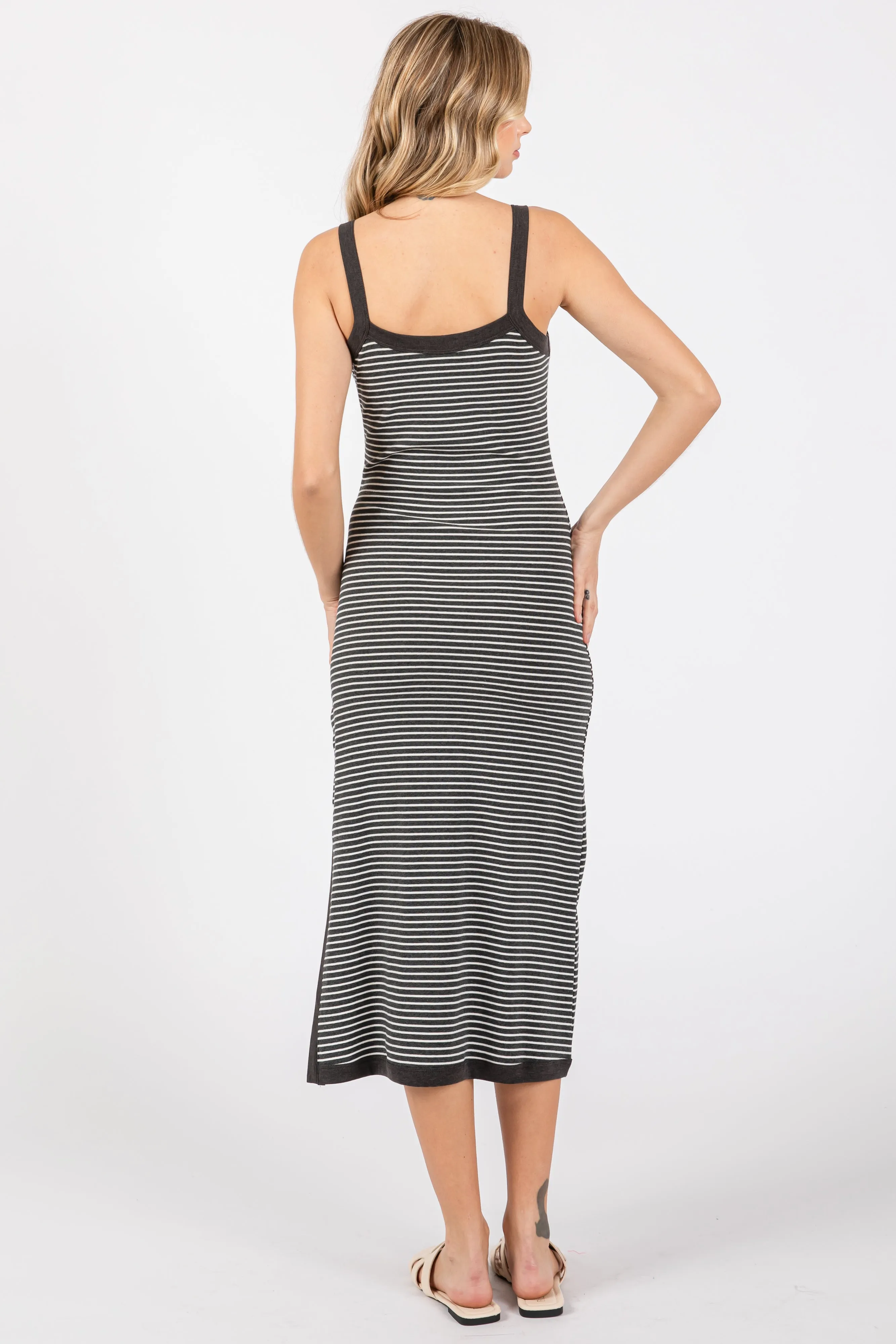 Charcoal Striped Sleeveless Fitted Side Slit Dress sold by Pinkblush product image thumbnail 4