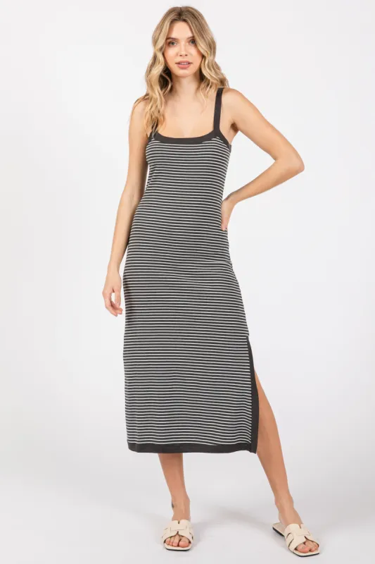 Charcoal Striped Sleeveless Fitted Side Slit Dress sold by Pinkblush